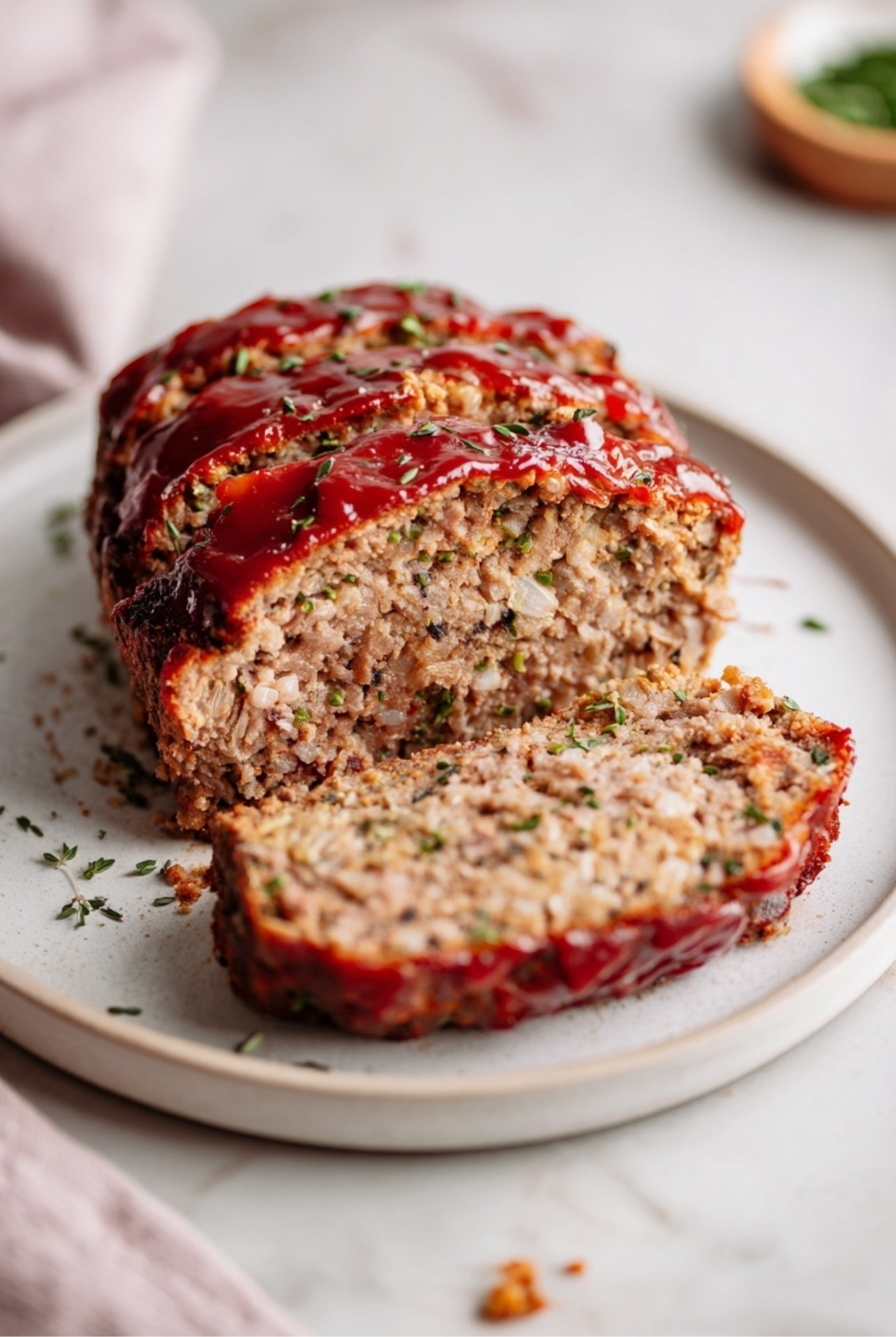 Homemade diner meatloaf loaf with herbs and ketchup glaze on a plate
