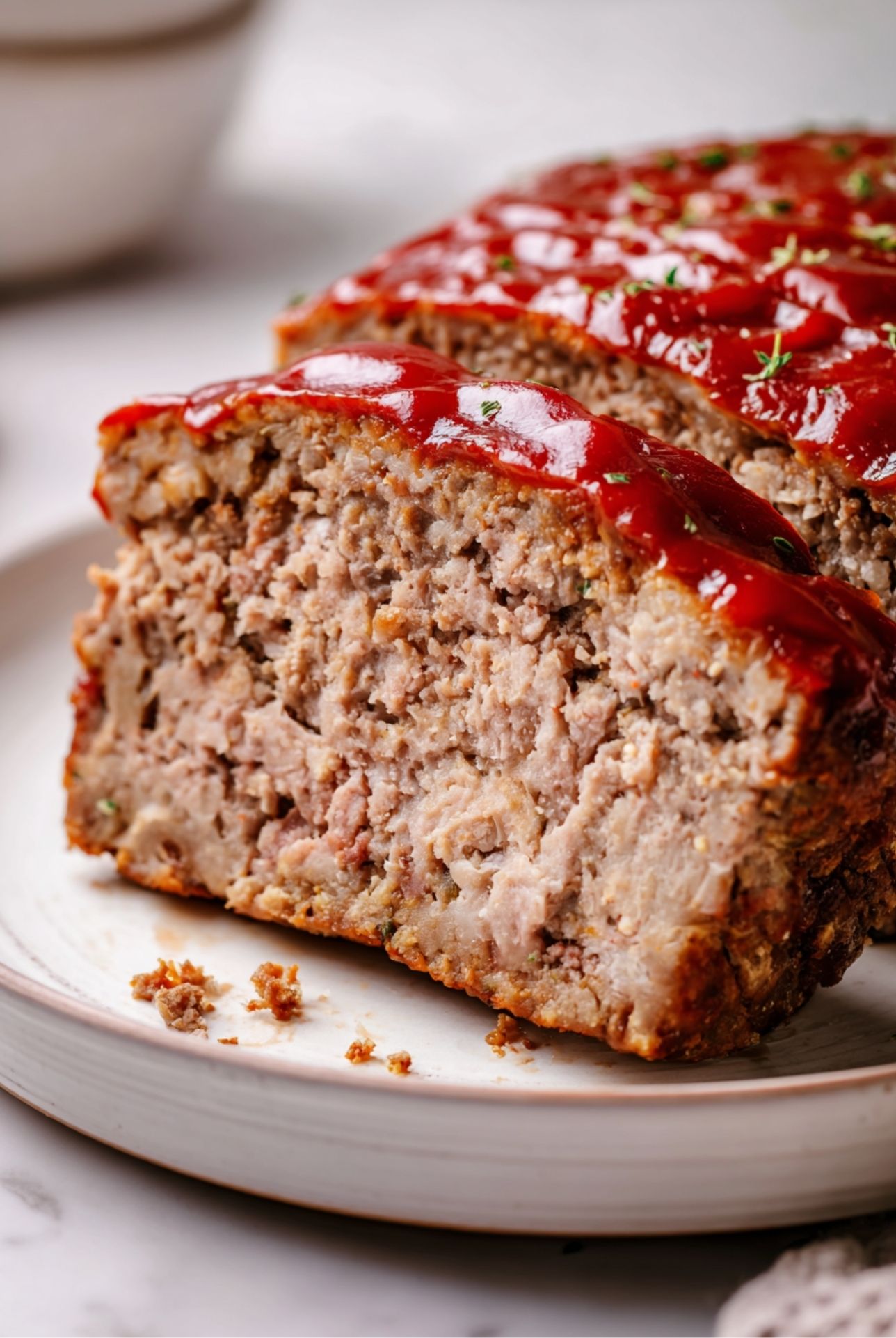 Juicy diner-style meatloaf with ketchup topping, sliced and ready to serve