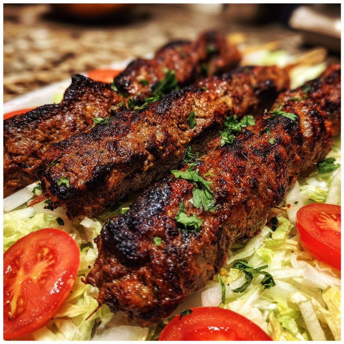 Juicy ground lamb kebabs garnished with parsley on a bed of shredded lettuce and tomatoes