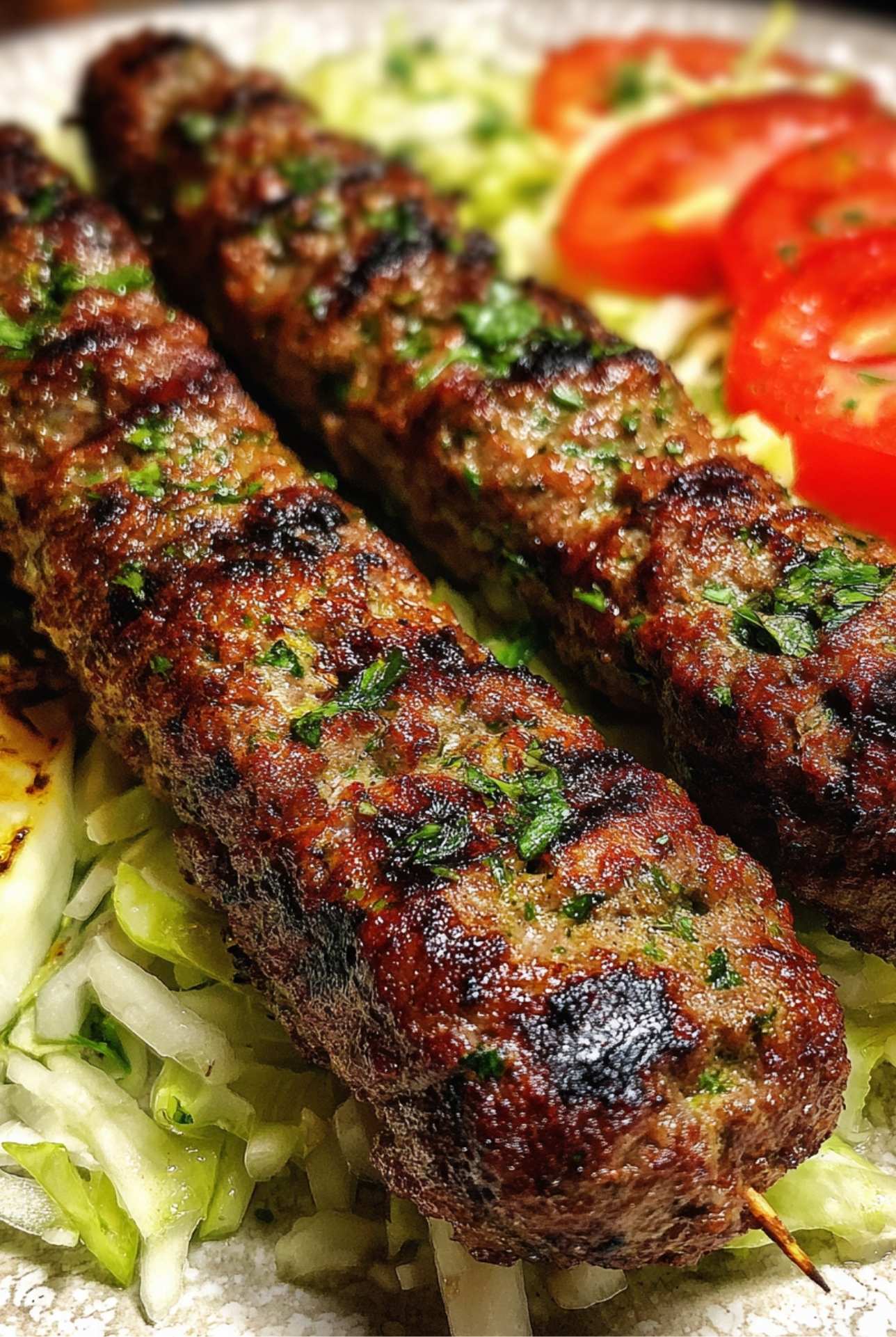 Perfectly grilled lamb skewers arranged on a metal serving tray