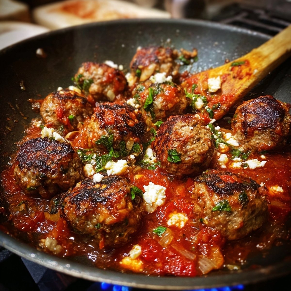 Juicy lamb meatballs simmering in spiced tomato sauce topped with fresh herbs and feta in a skillet