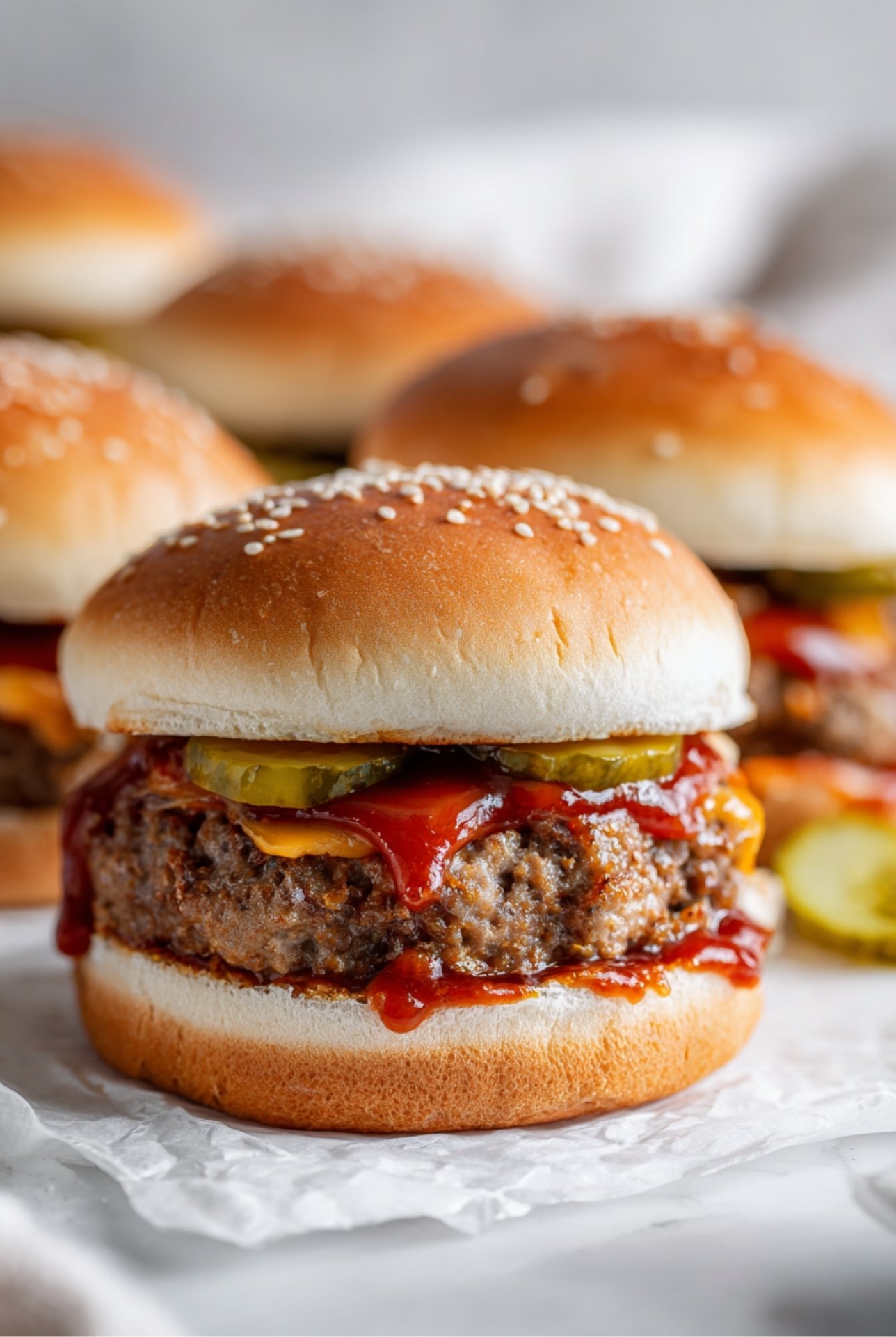 Juicy meatloaf burger with melted cheese and ketchup on a sesame bun, served on a white plate.