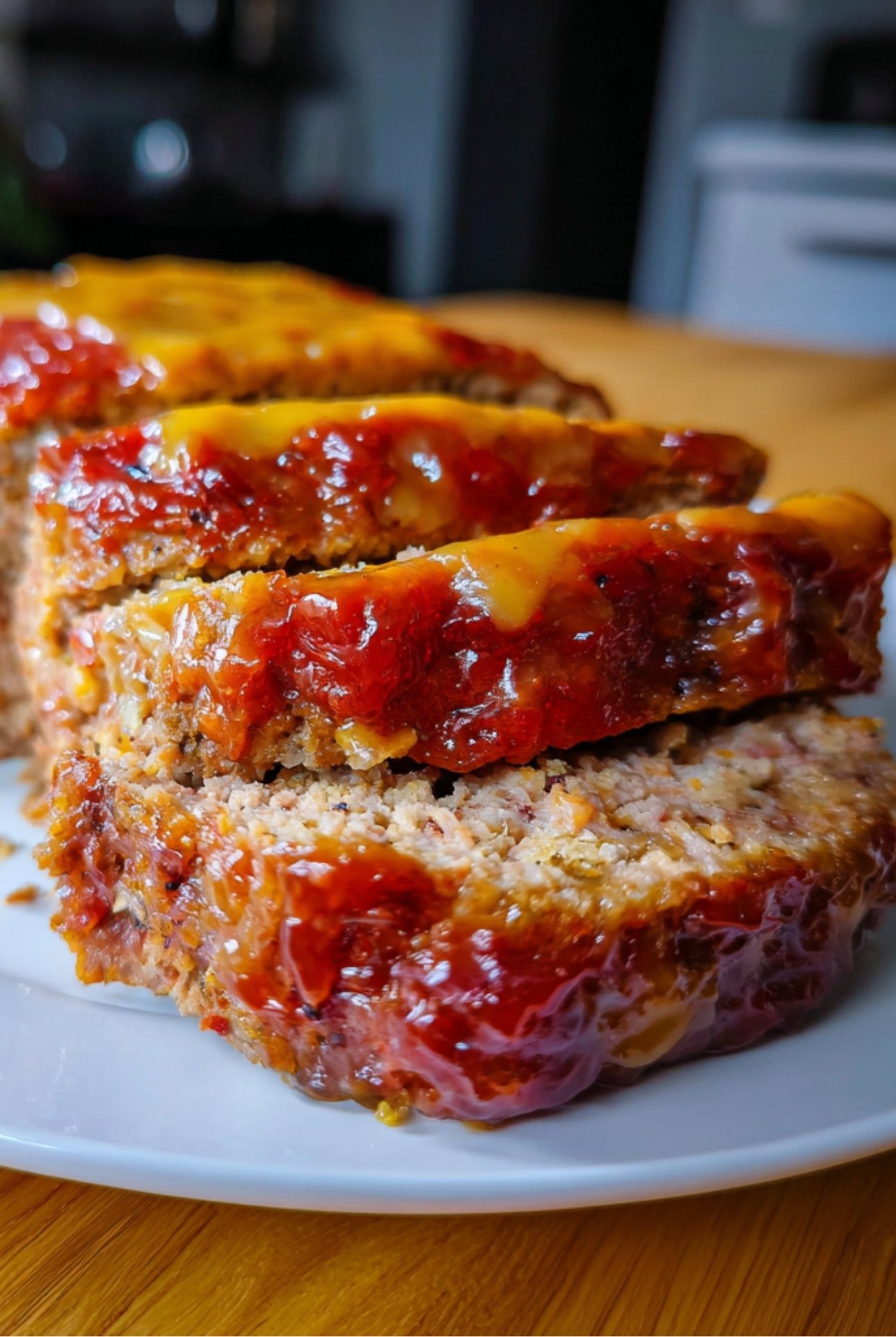 Sliced homemade meatloaf with tangy mustard glaze on top, juicy and tender on a white plate.