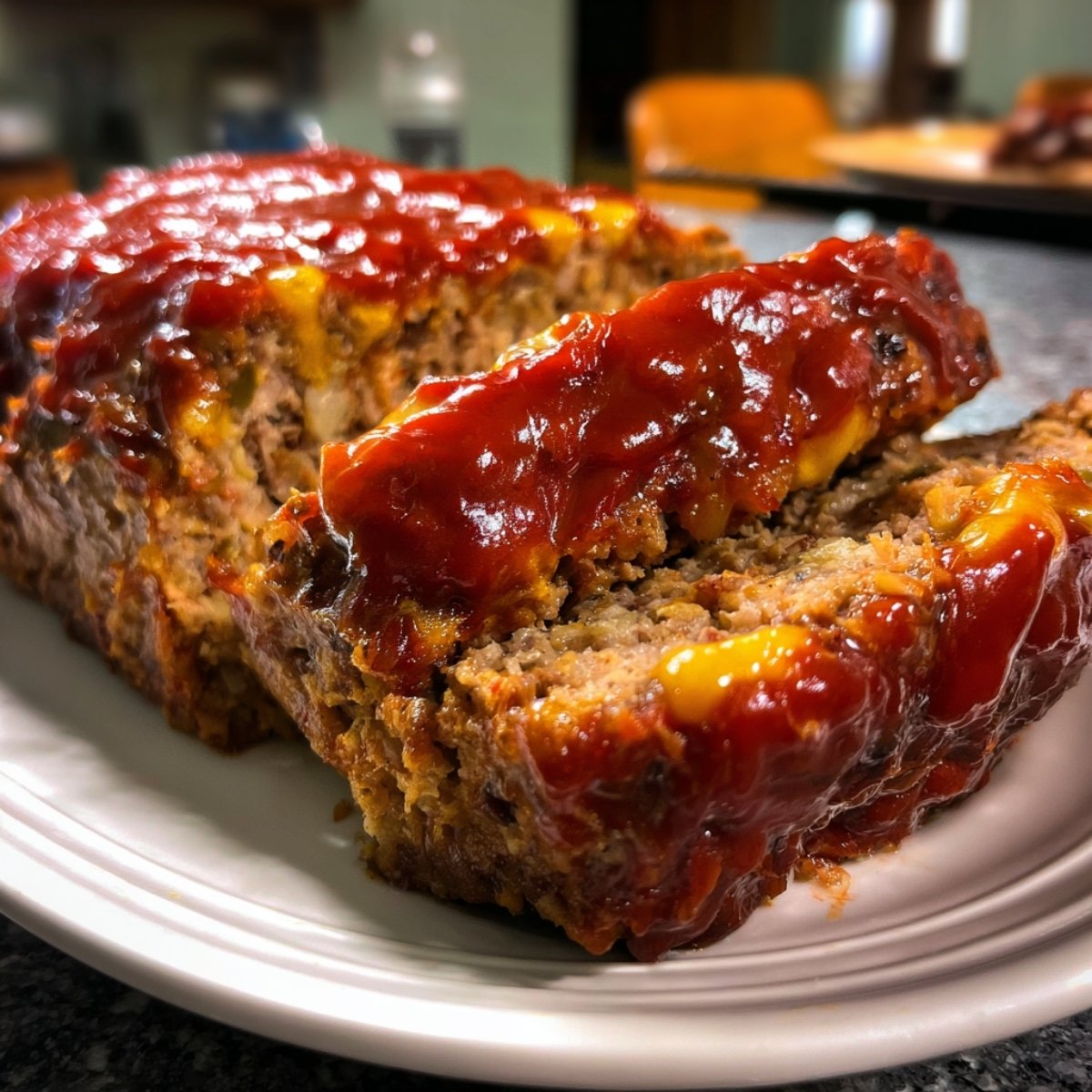 Juicy meatloaf with mustard glaze, sliced open to show tender texture and melted cheese inside.