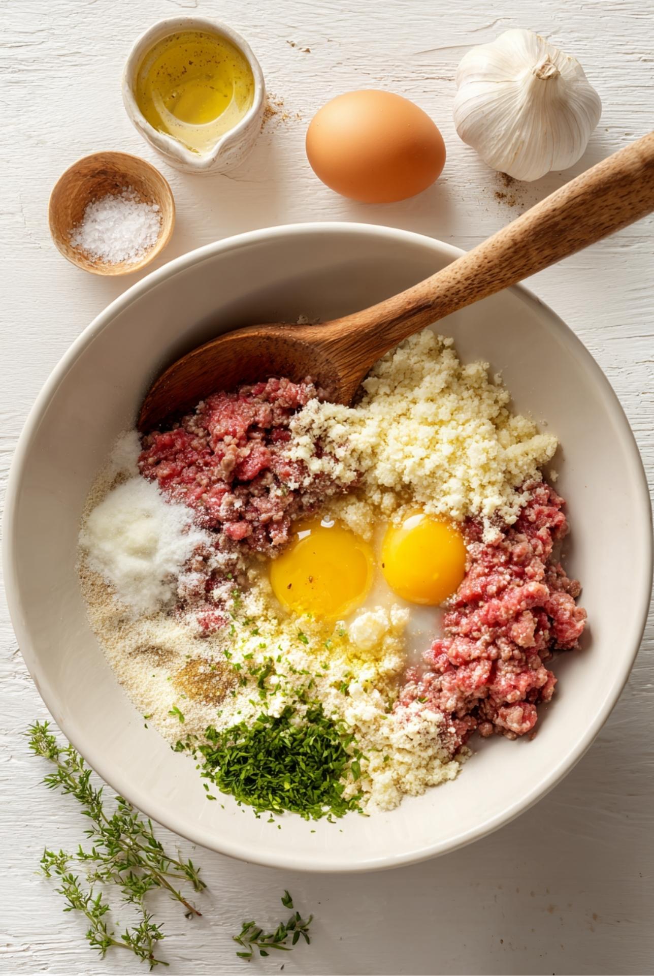 Mixing ground beef, eggs, breadcrumbs, garlic, and fresh herbs in a bowl for homemade mustard meatloaf