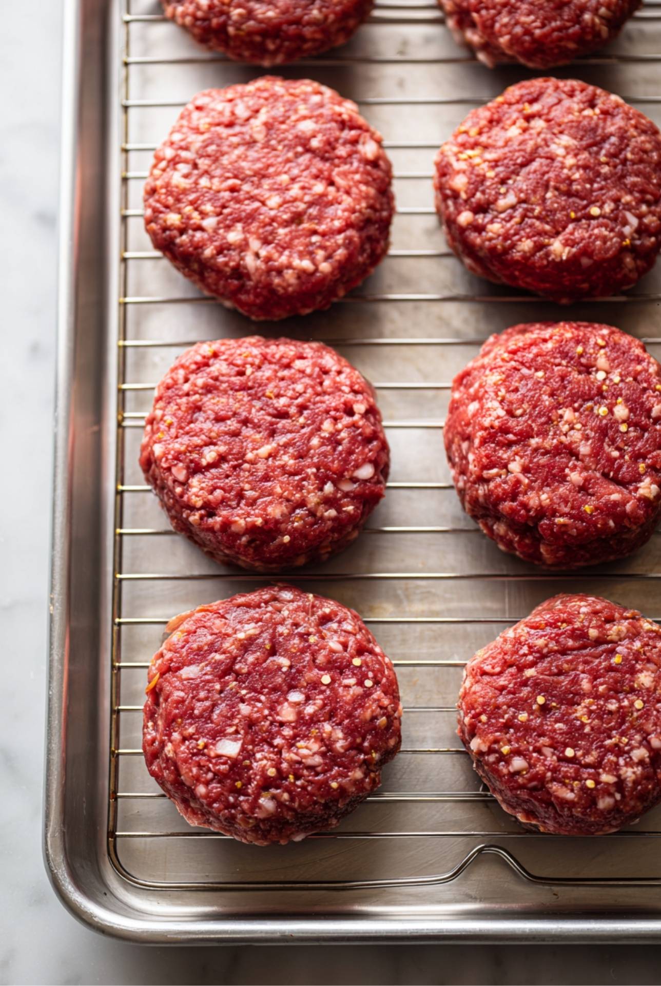 Meatloaf patties partially baked on a rack with bowls of ketchup, mustard, and sauce on the side.