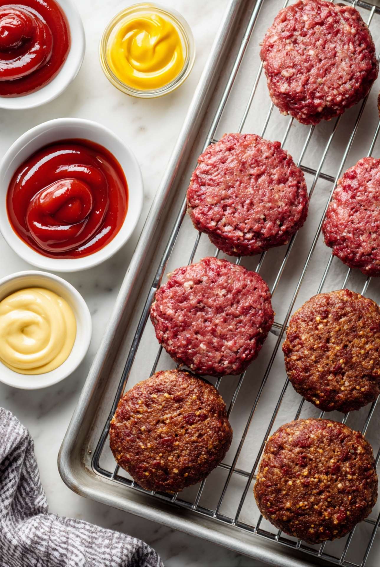 Raw meatloaf burger patties arranged on a wire rack before baking.