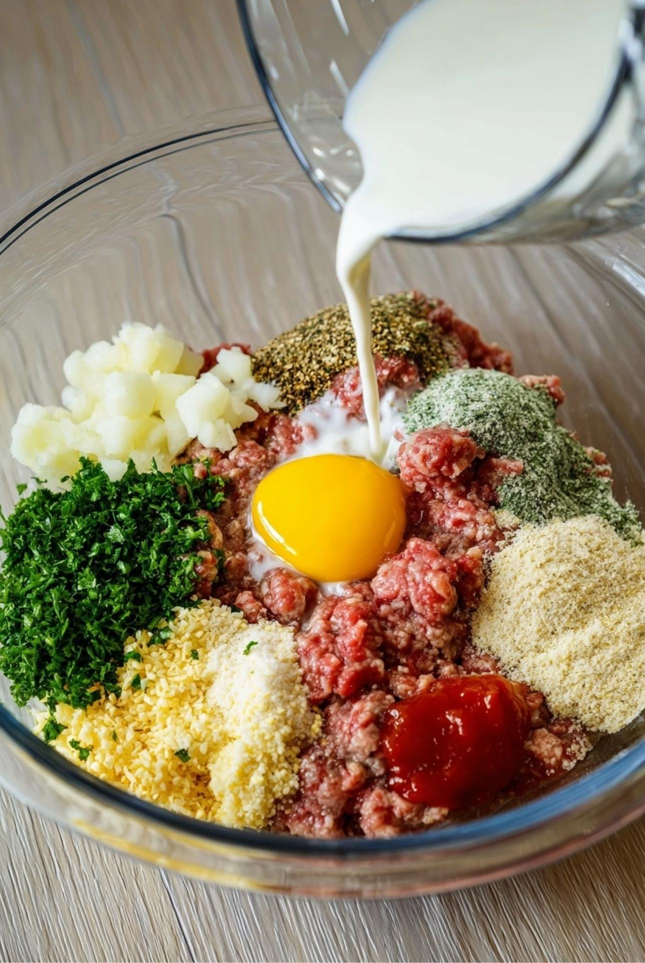 Ground beef, egg, parsley, breadcrumbs, and spices in a bowl with milk being poured in – ingredients for meatloaf recipe with mustard.