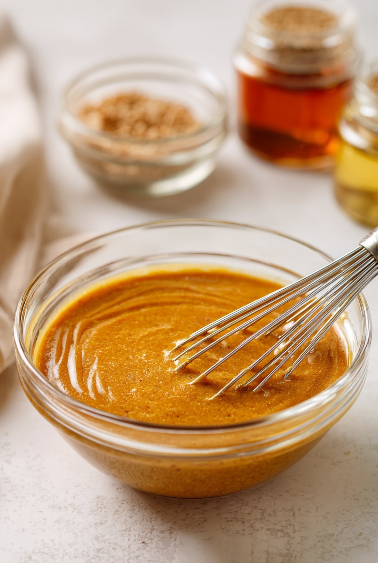Whisking Dijon mustard, brown sugar, vinegar, and ketchup in a bowl to make tangy meatloaf glaze.”