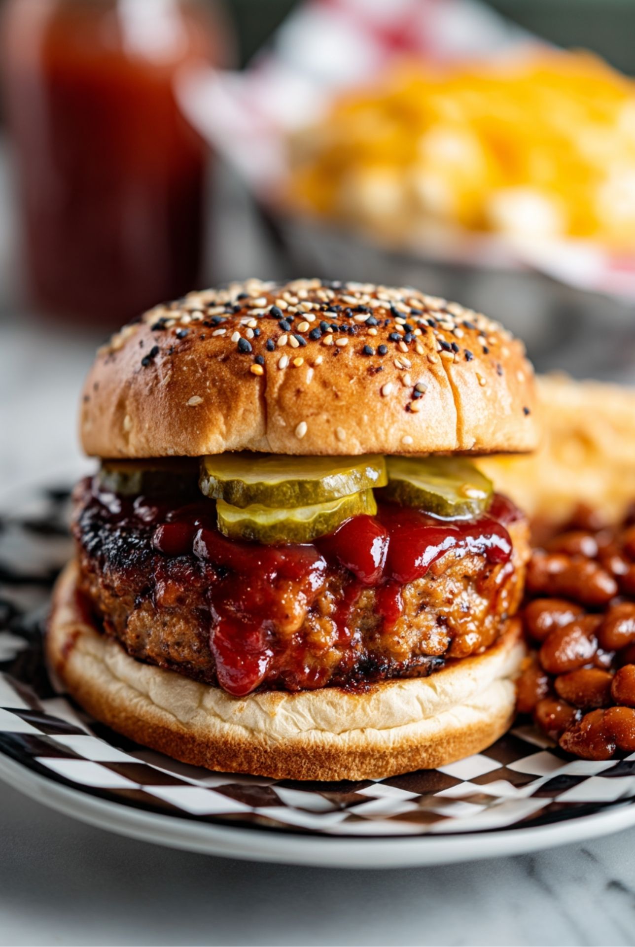 Cooked meatloaf burger patty served in a sesame bun with ketchup, mustard, pickles, and cheddar cheese.