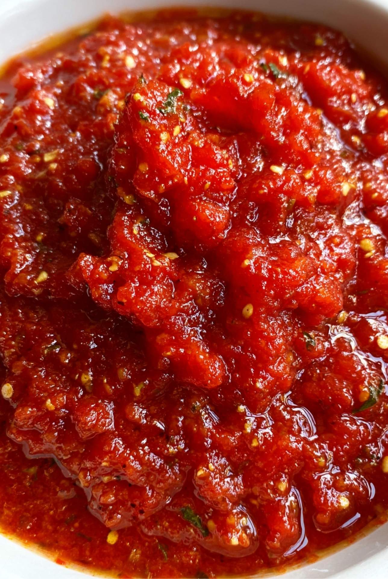 Rich homemade spiced tomato sauce with olive oil and herbs in a bowl