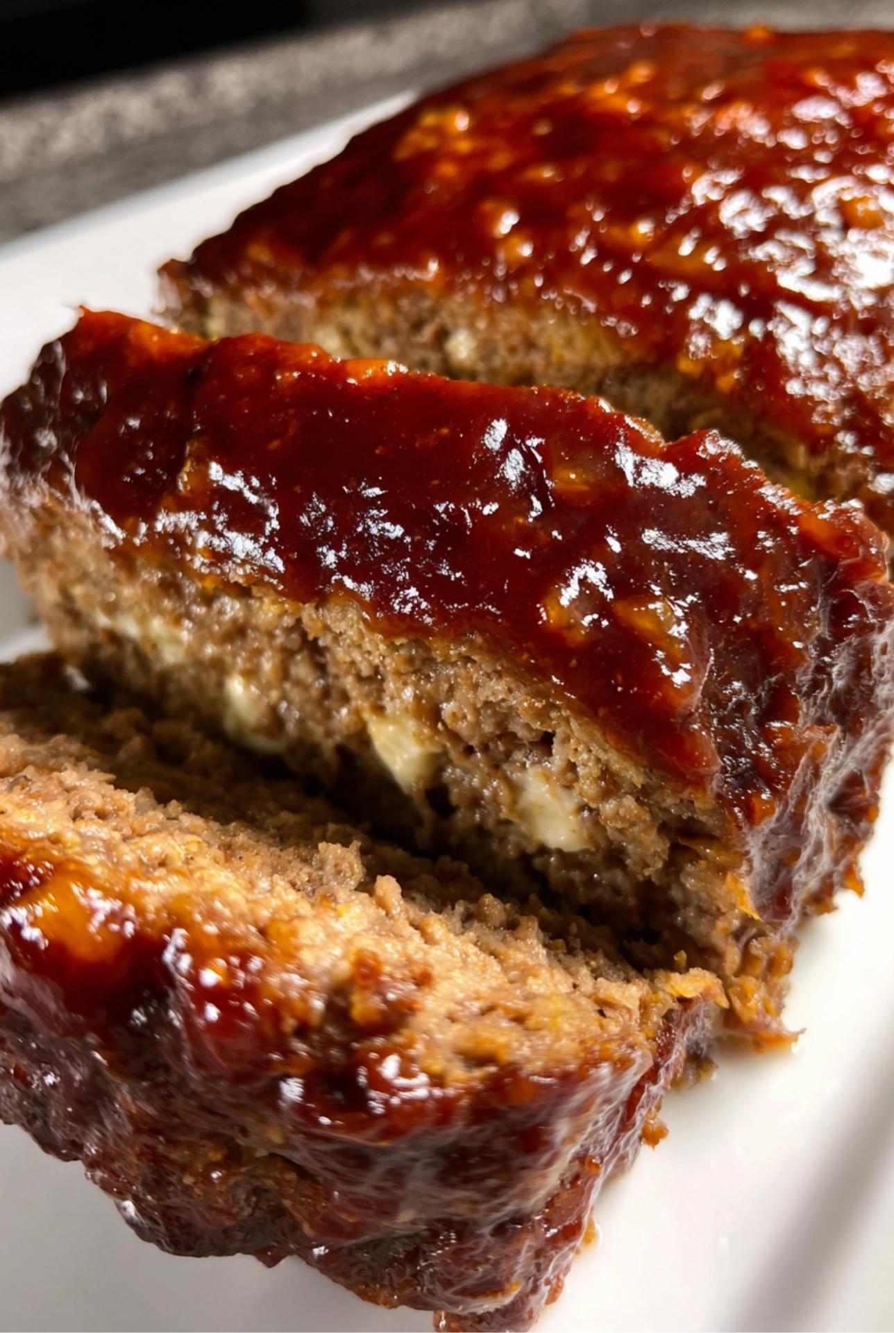 Freshly baked meatloaf in a pan, topped with golden mustard glaze and herbs.