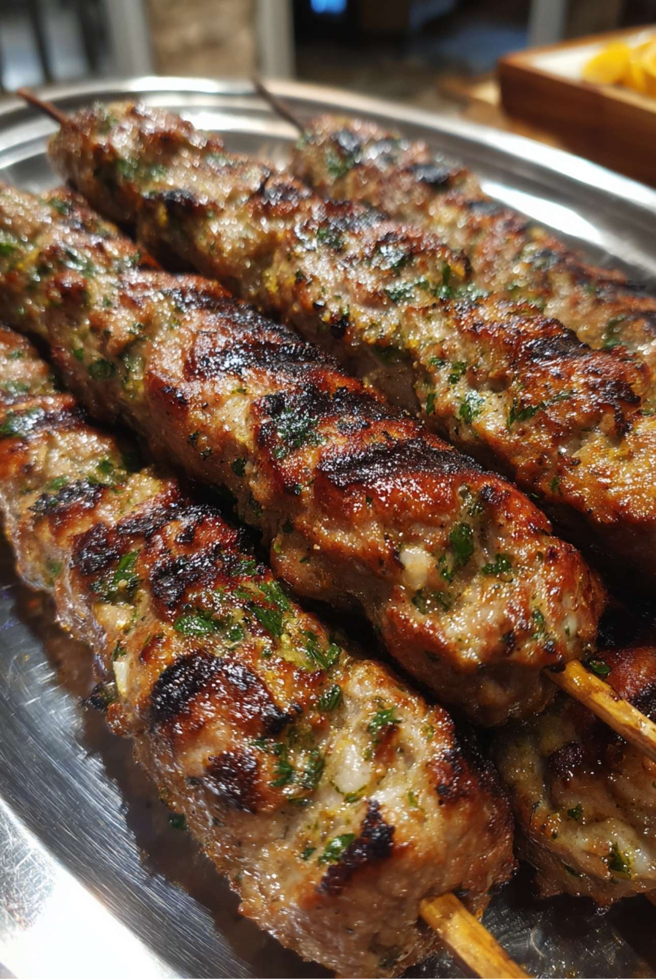 Grilled ground lamb kebabs with crispy edges served on lettuce with fresh tomato slices