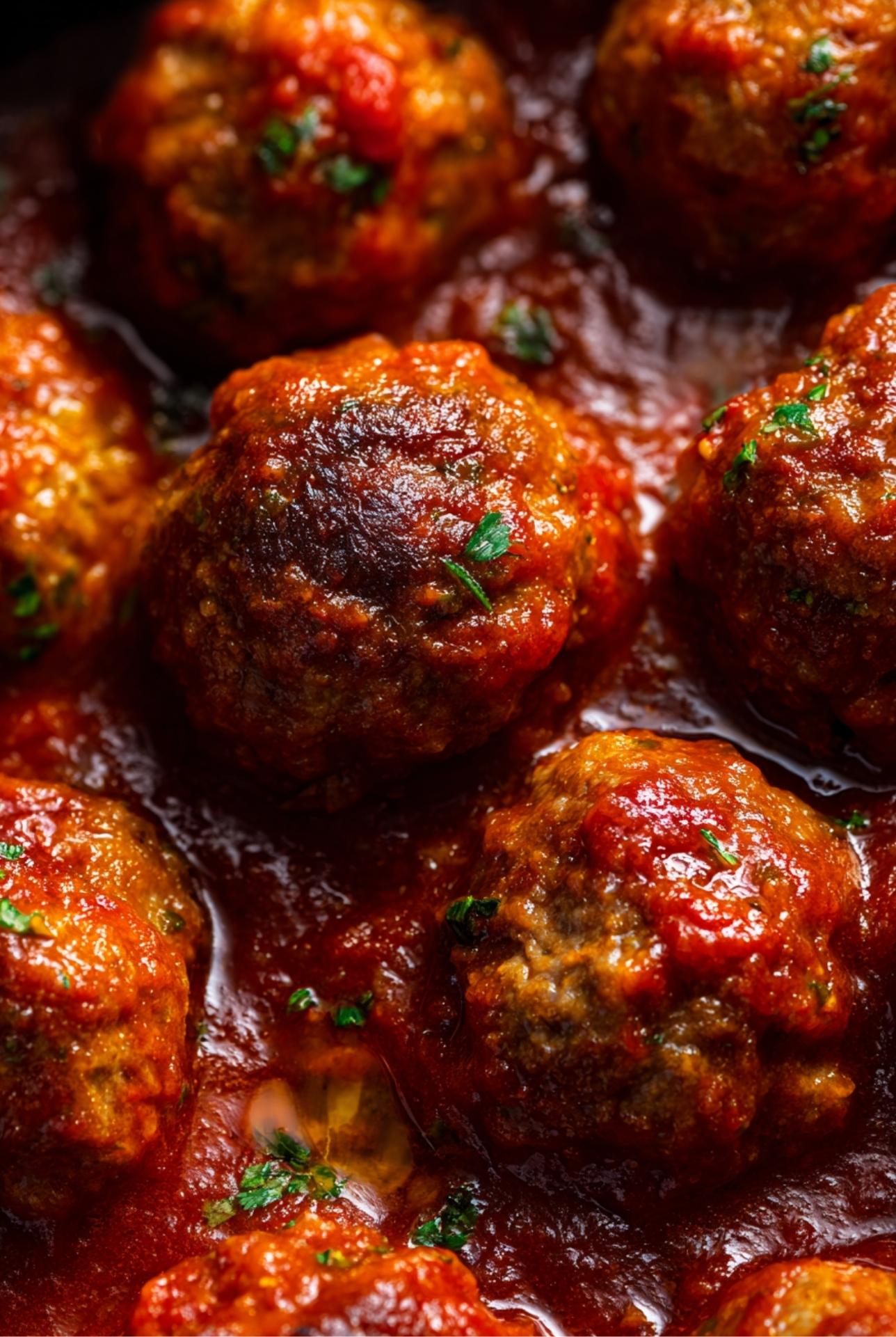 Lamb meatballs cooking in thick tomato sauce with fresh parsley sprinkled on top