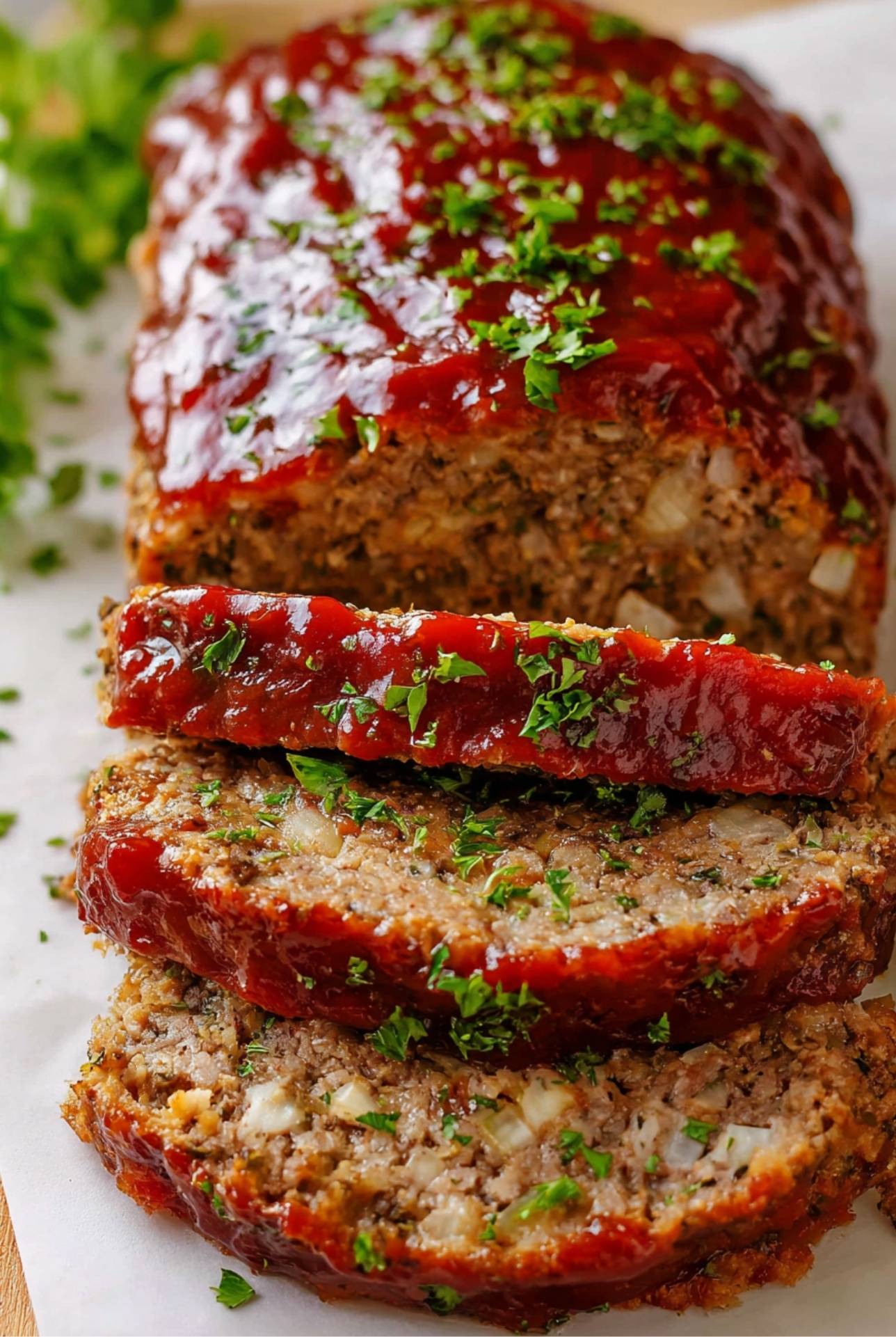 Sliced meatloaf on a white plate garnished with parsley – leftover meatloaf casserole recipe ready to repurpose.