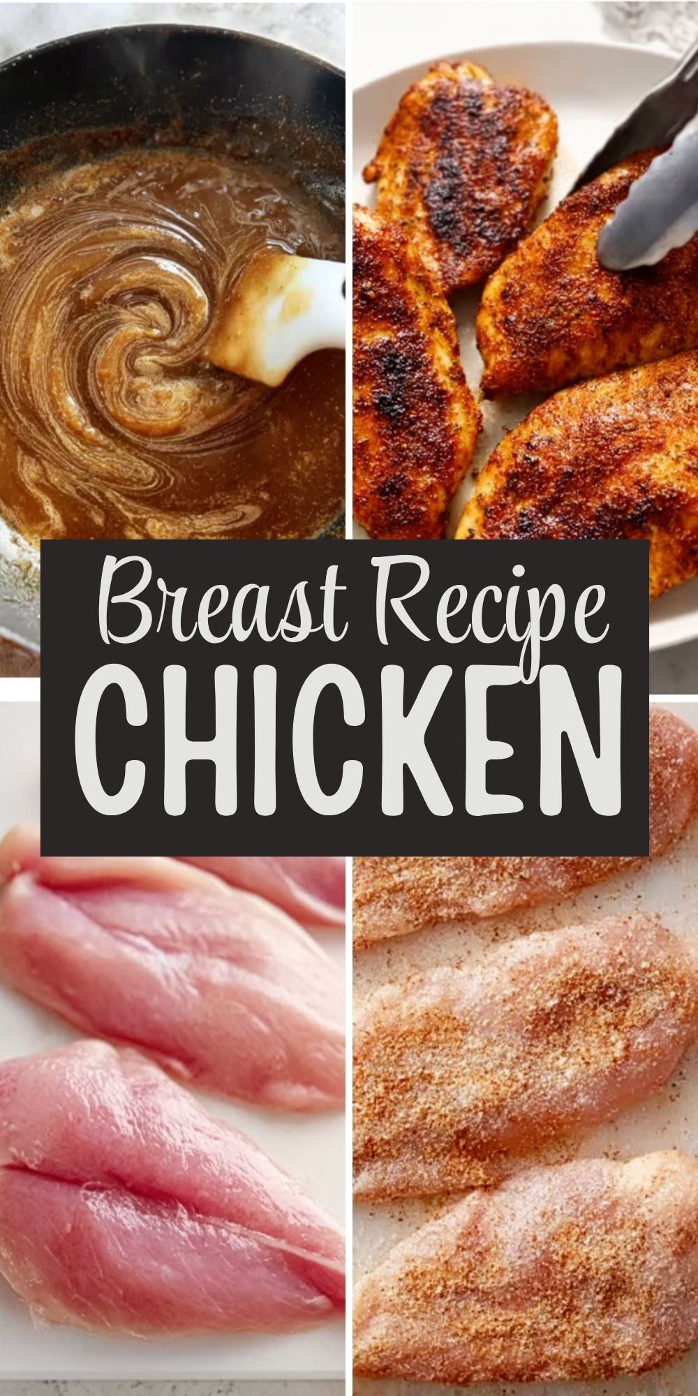 Collage showing raw chicken, seasoning mix, pan sauce, and finished seared chicken breast.