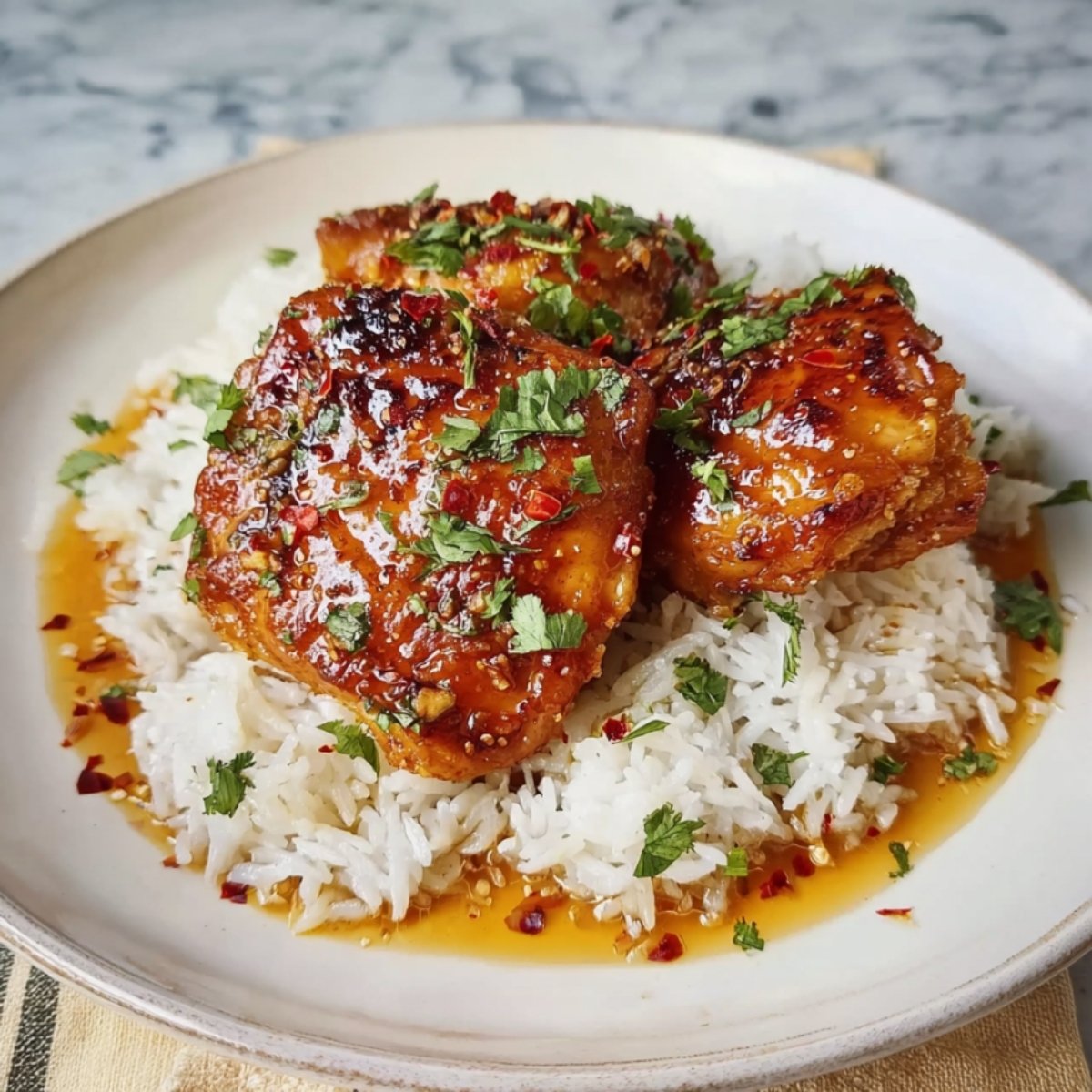 Closeup of juicy chicken thighs glazed with honey garlic sauce, served over white rice, garnished with fresh herbs.