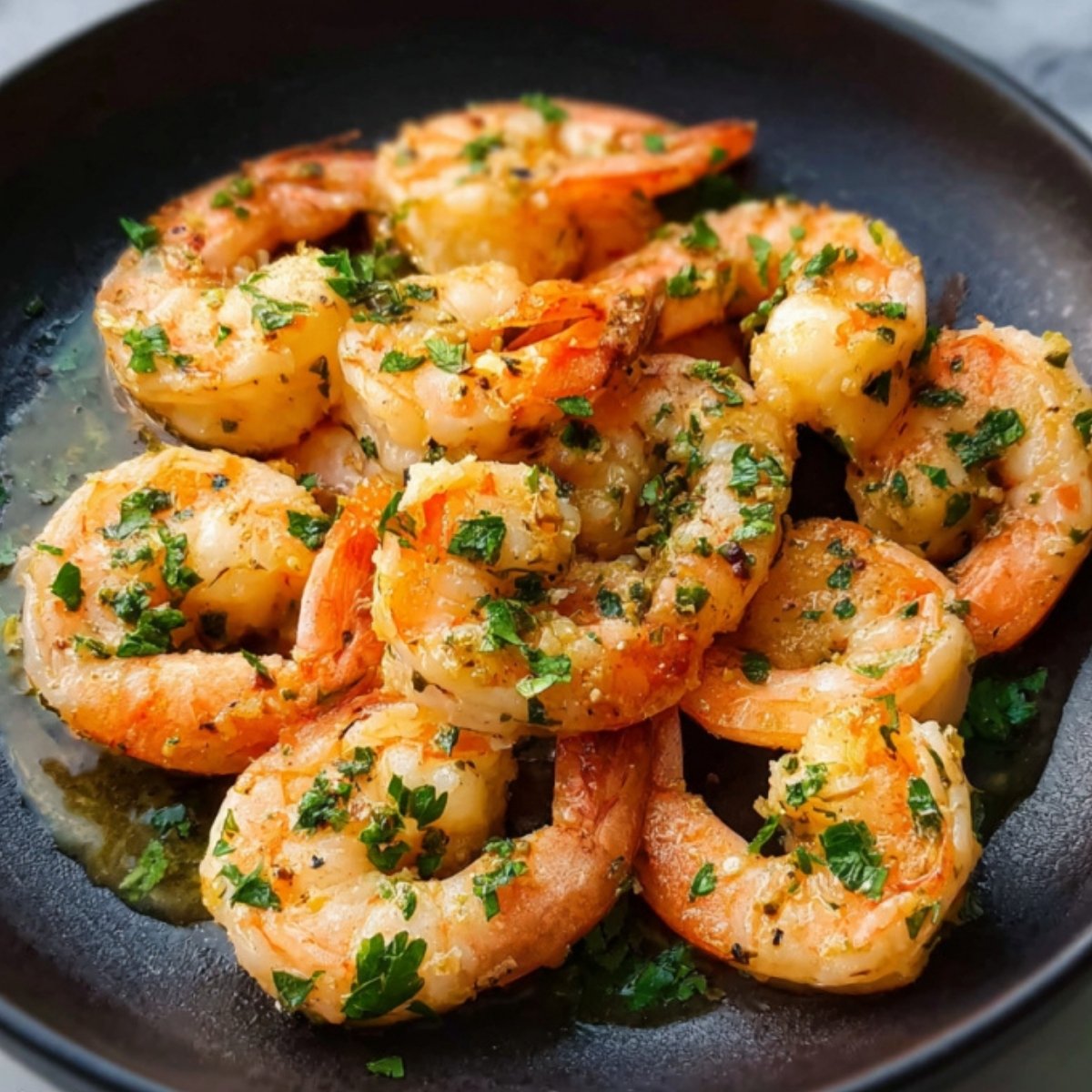 Juicy shrimp tossed in garlic butter sauce with fresh parsley, served on a black plate for a quick and flavorful seafood dinner.