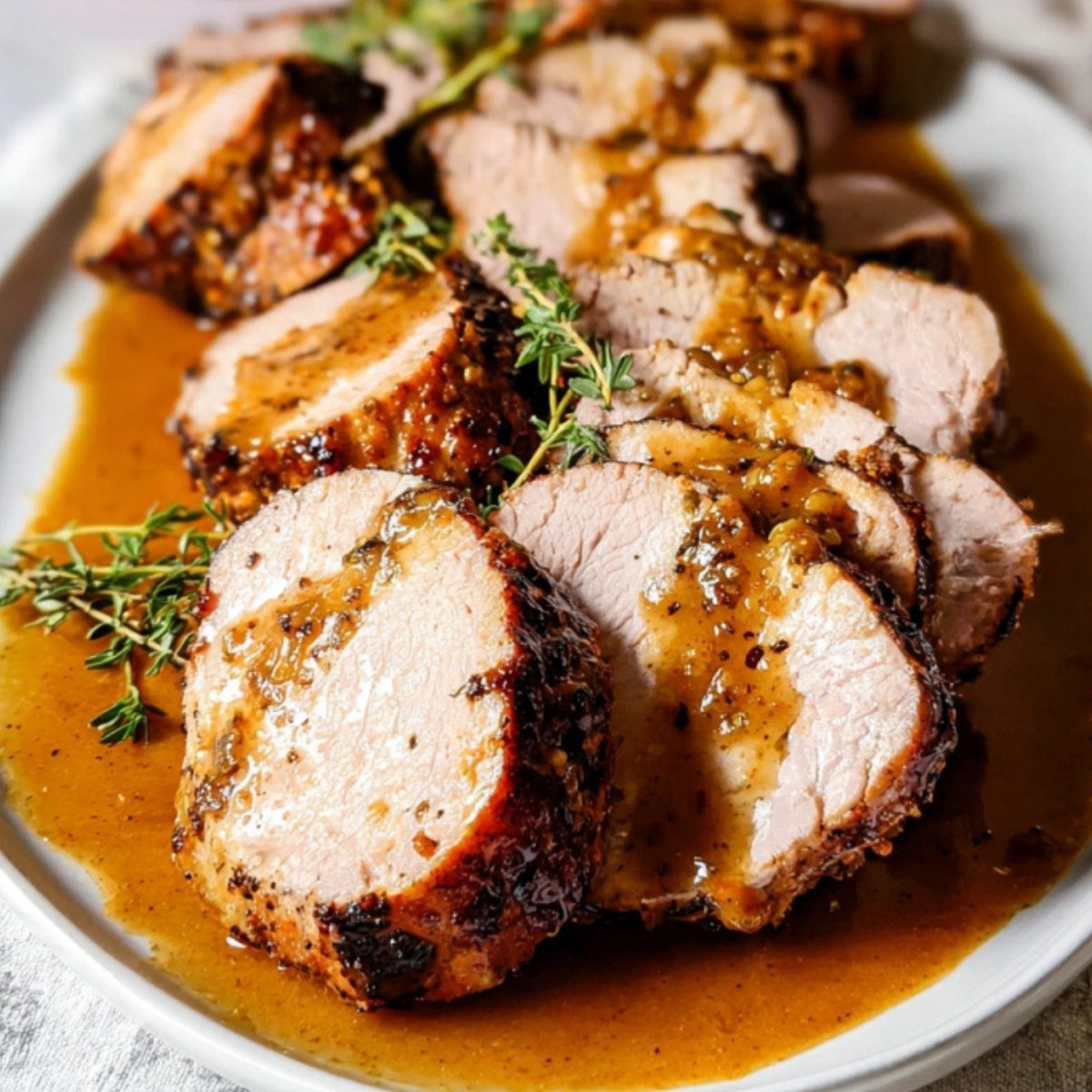 Tender slices of pork tenderloin covered in maple Dijon gravy with fresh herbs on a serving platter.
