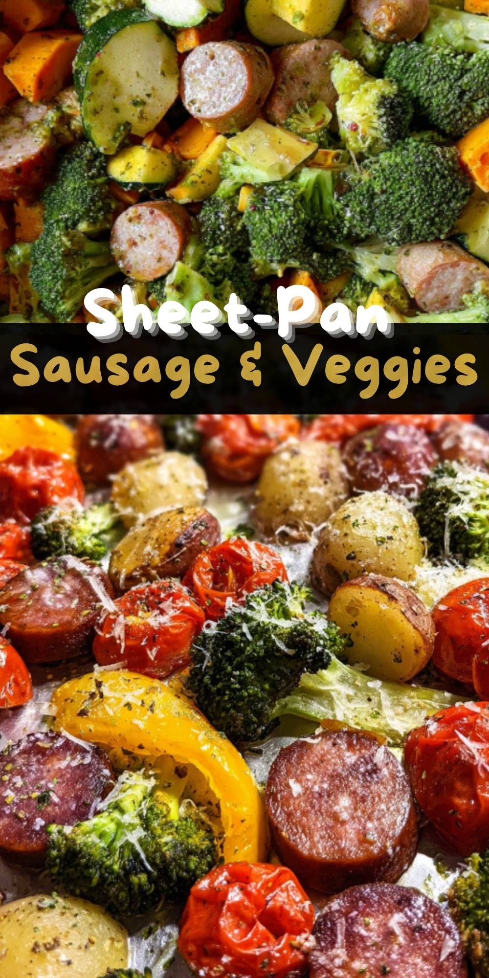 Colorful roasted sausage and vegetables on a baking sheet, featuring broccoli, bell peppers, and potatoes with melted parmesan cheese.