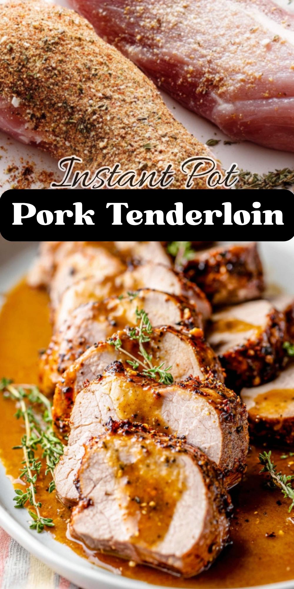 Sliced Instant Pot pork tenderloin topped with maple Dijon gravy and fresh thyme on a white plate.