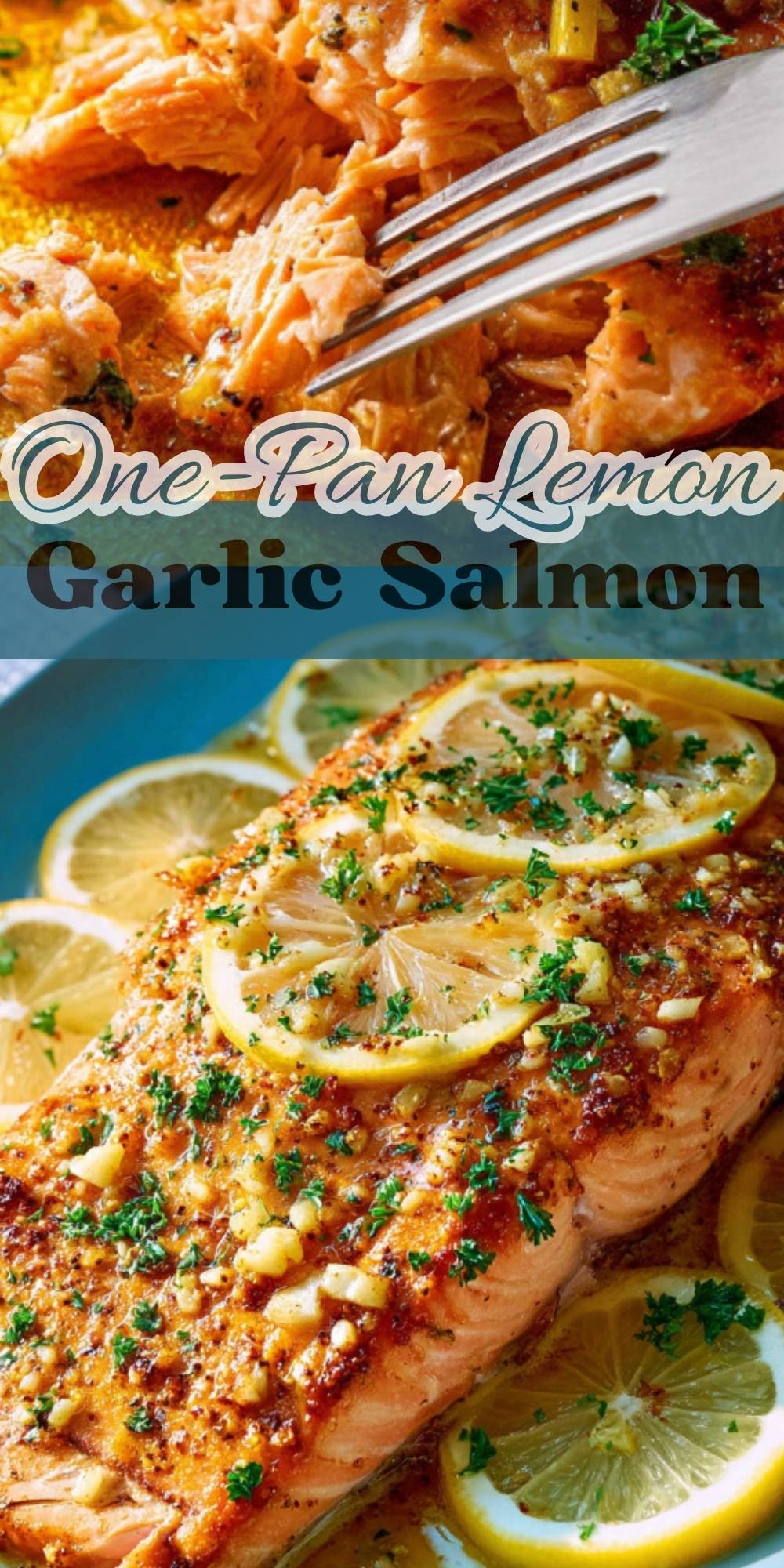 Close-up of juicy lemon garlic salmon fillet with lemon slices and herbs, baked in a buttery sauce for an easy meal.