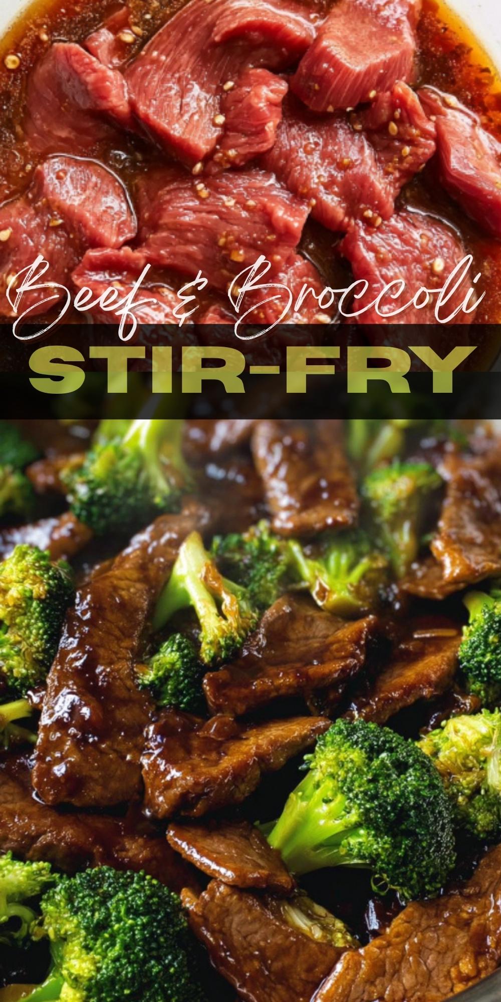 Raw beef marinating in sauce and cooked beef with broccoli in glossy stir-fry sauce.
