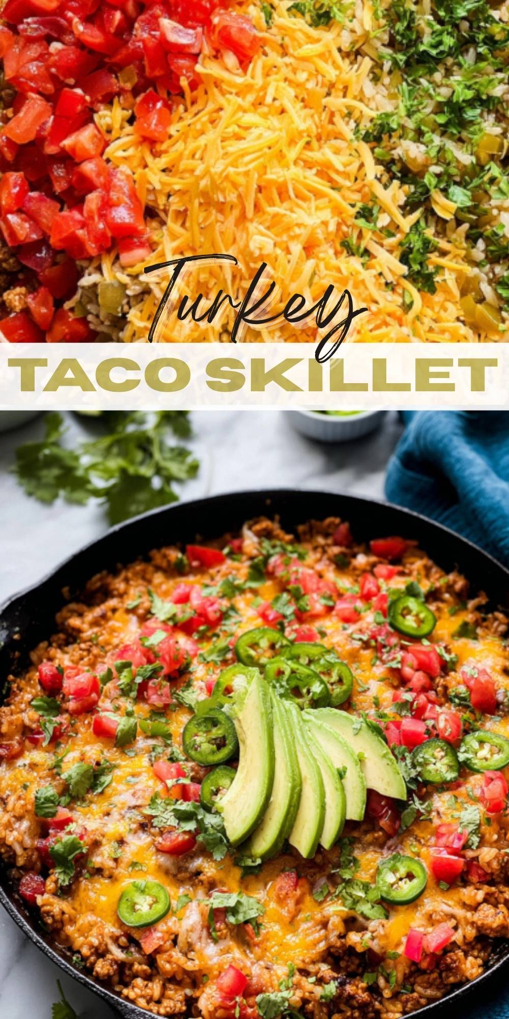 Skillet filled with cheesy ground turkey taco mixture topped with avocado, tomatoes, jalapeños, and cilantro.