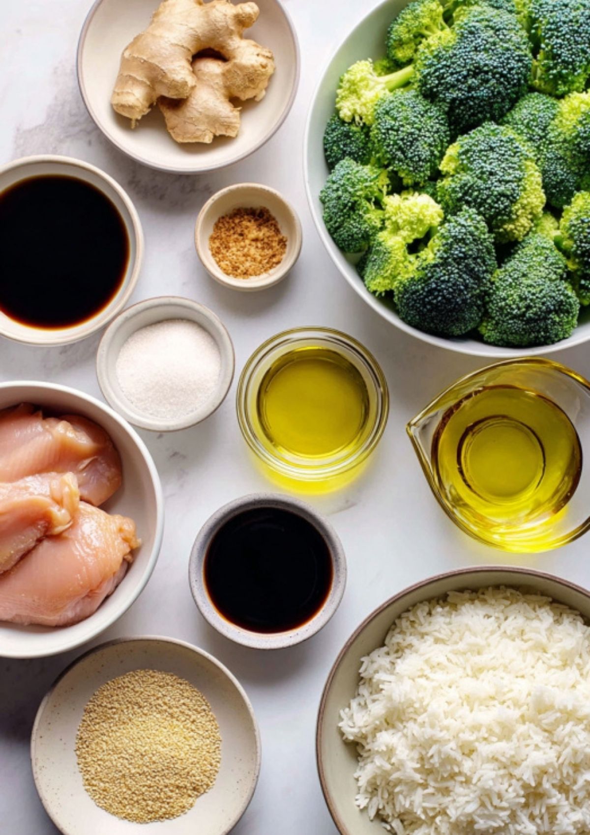 Overhead view of ingredients for teriyaki chicken rice bowls, including chicken, broccoli, rice, soy sauce, ginger, oil, and sesame seeds arranged on a white surface.