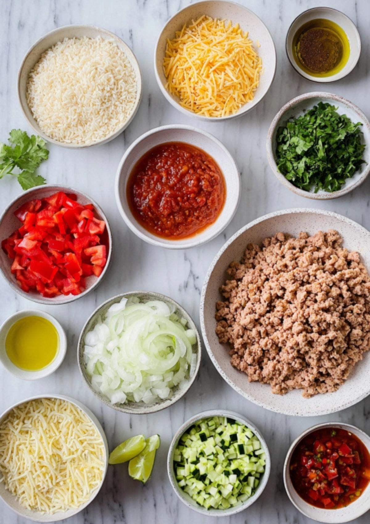 Bowls of ingredients including ground turkey, cheese, salsa, rice, onion, bell pepper, zucchini, and cilantro on a marble counter.