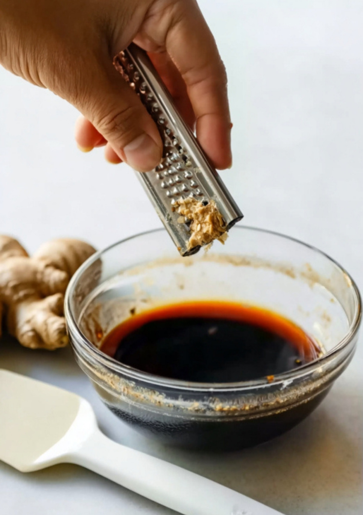 Freshly grated ginger being added to a bowl of dark teriyaki sauce with soy, mirin, and sugar on a white background.