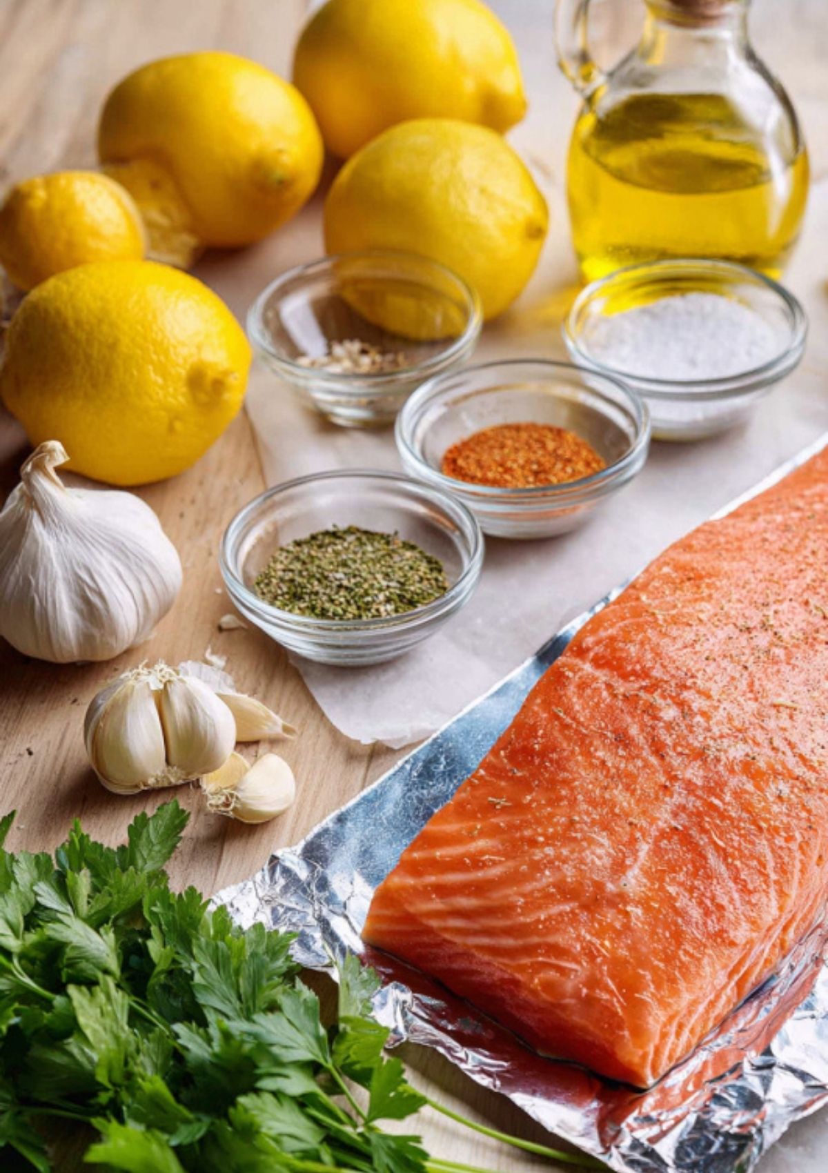 Fresh salmon fillet with garlic, lemons, olive oil, herbs, and spices laid out on a wooden board for lemon garlic salmon.