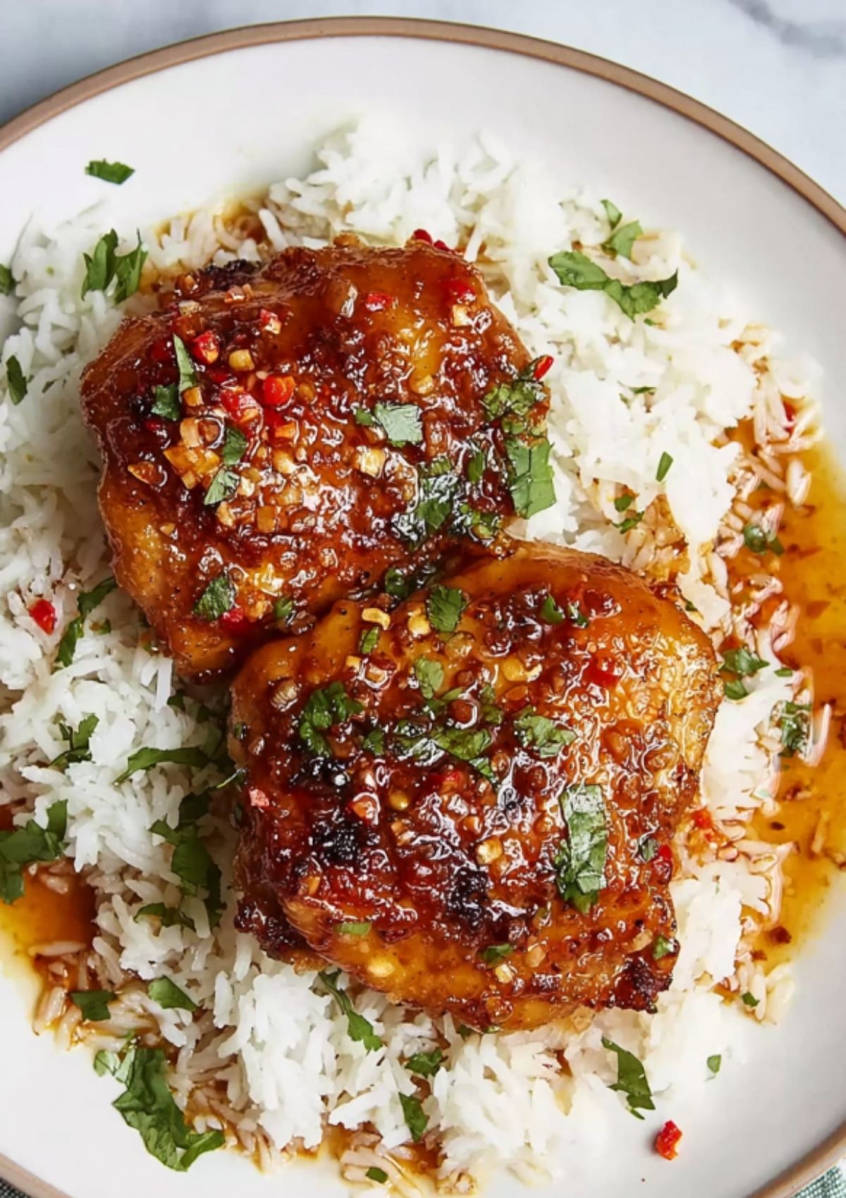 Four raw chicken thighs seasoned with salt and pepper on a white plate, ready for cooking.