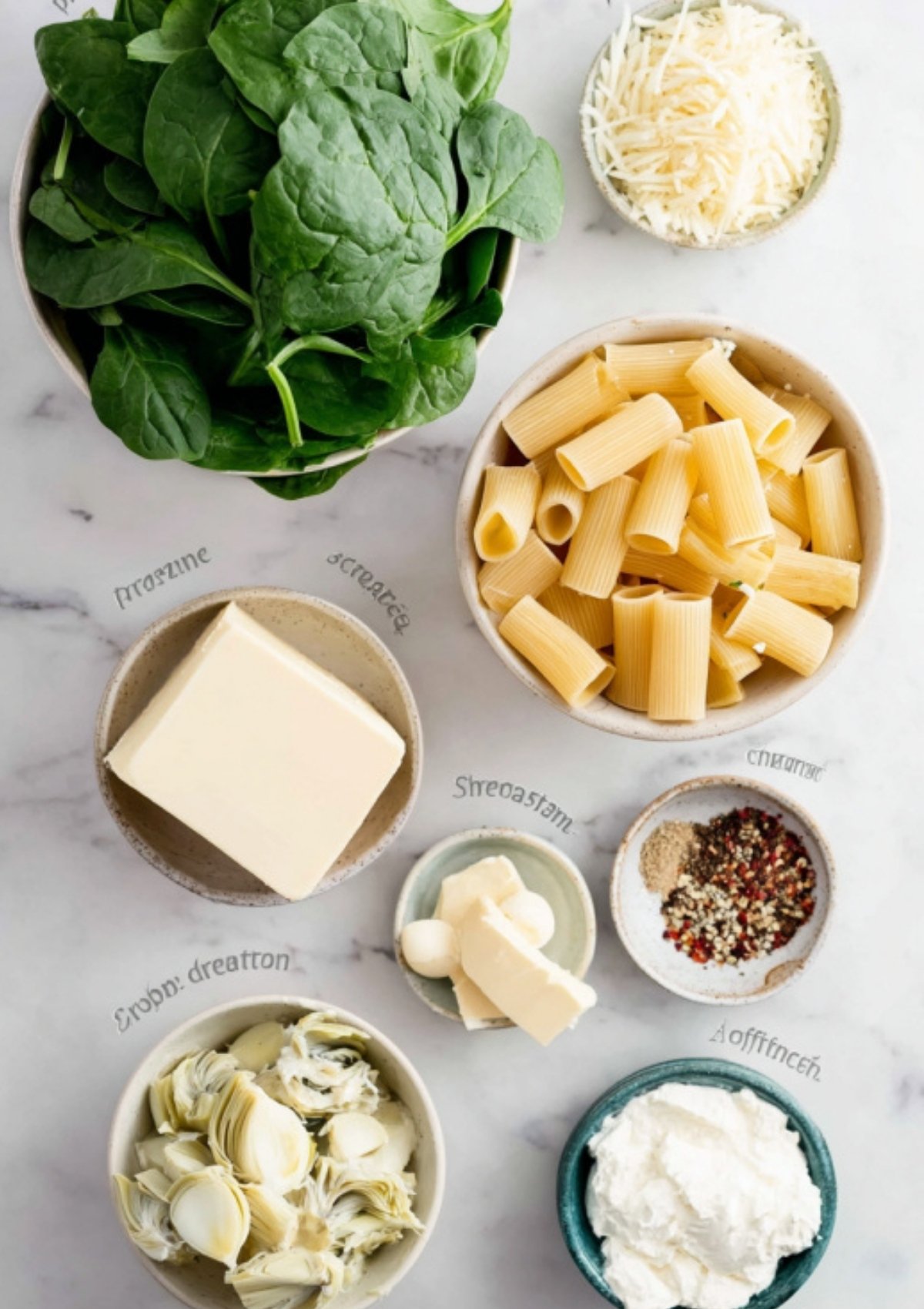 Bowls of fresh spinach, rigatoni, cream cheese, artichokes, mozzarella, parmesan, butter, and seasonings arranged for making spinach artichoke pasta bake.
