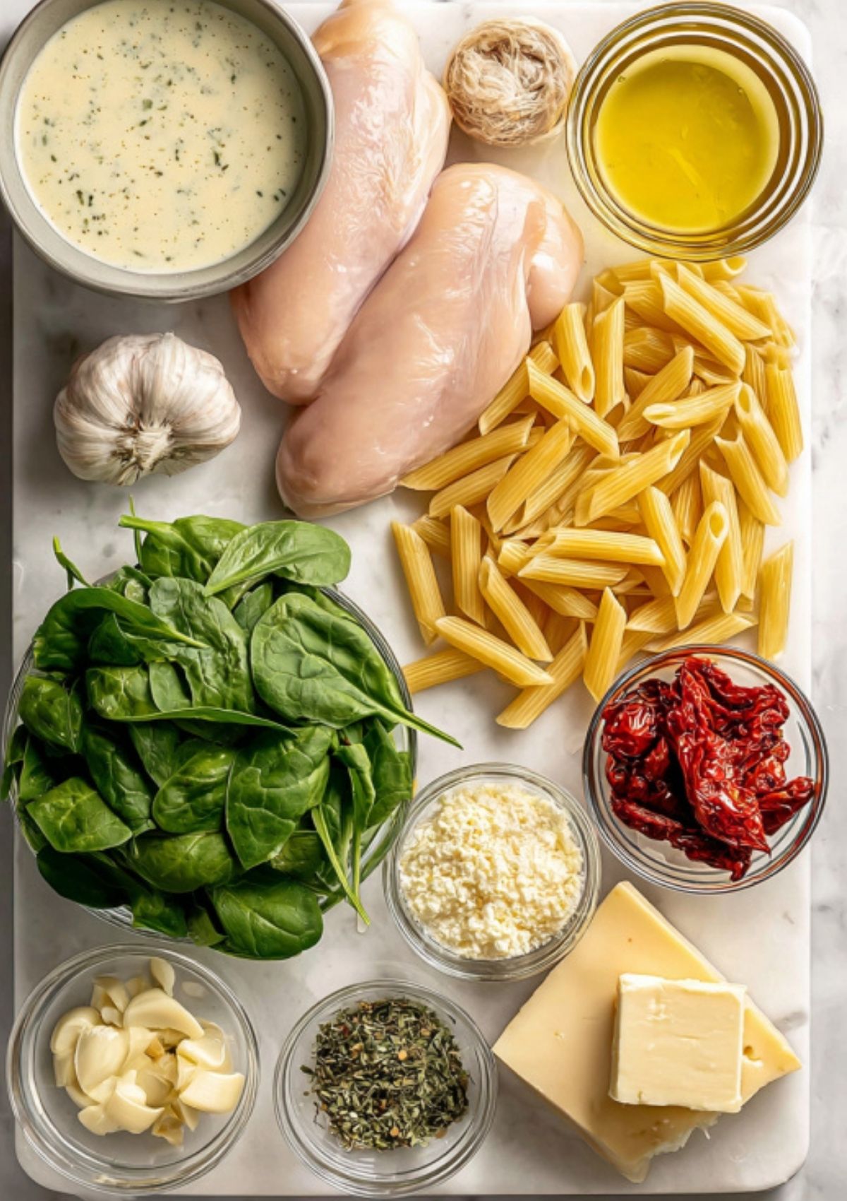 Chicken strips searing in a skillet with olive oil and herbs for creamy chicken penne pasta recipe.