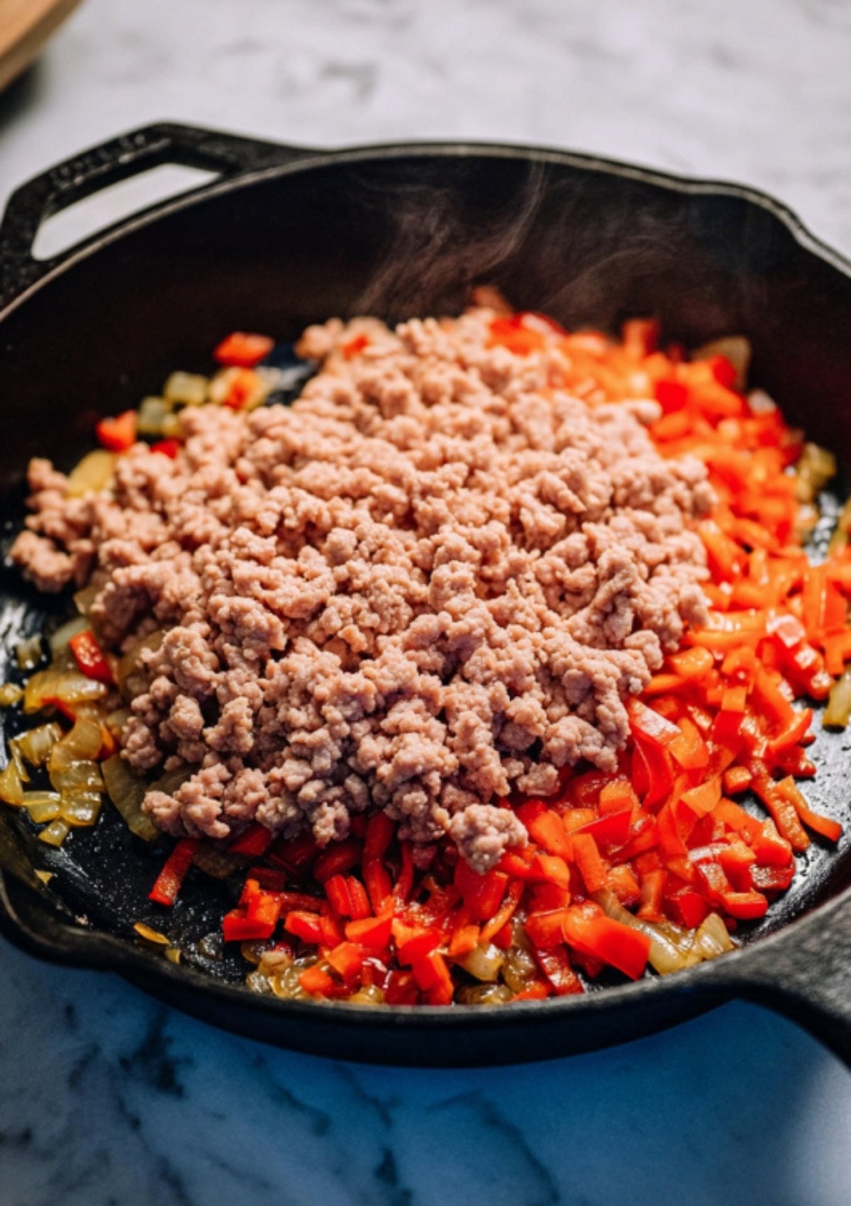 Ground turkey added to sautéed onions and peppers in a cast-iron skillet, ready to be browned for taco filling.