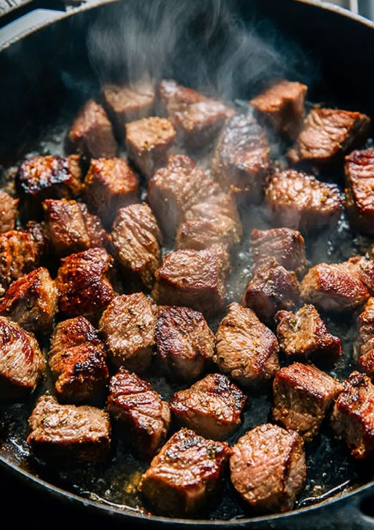 Steak cubes sizzling in a skillet, developing a rich golden-brown crust for perfect garlic butter steak bites.
