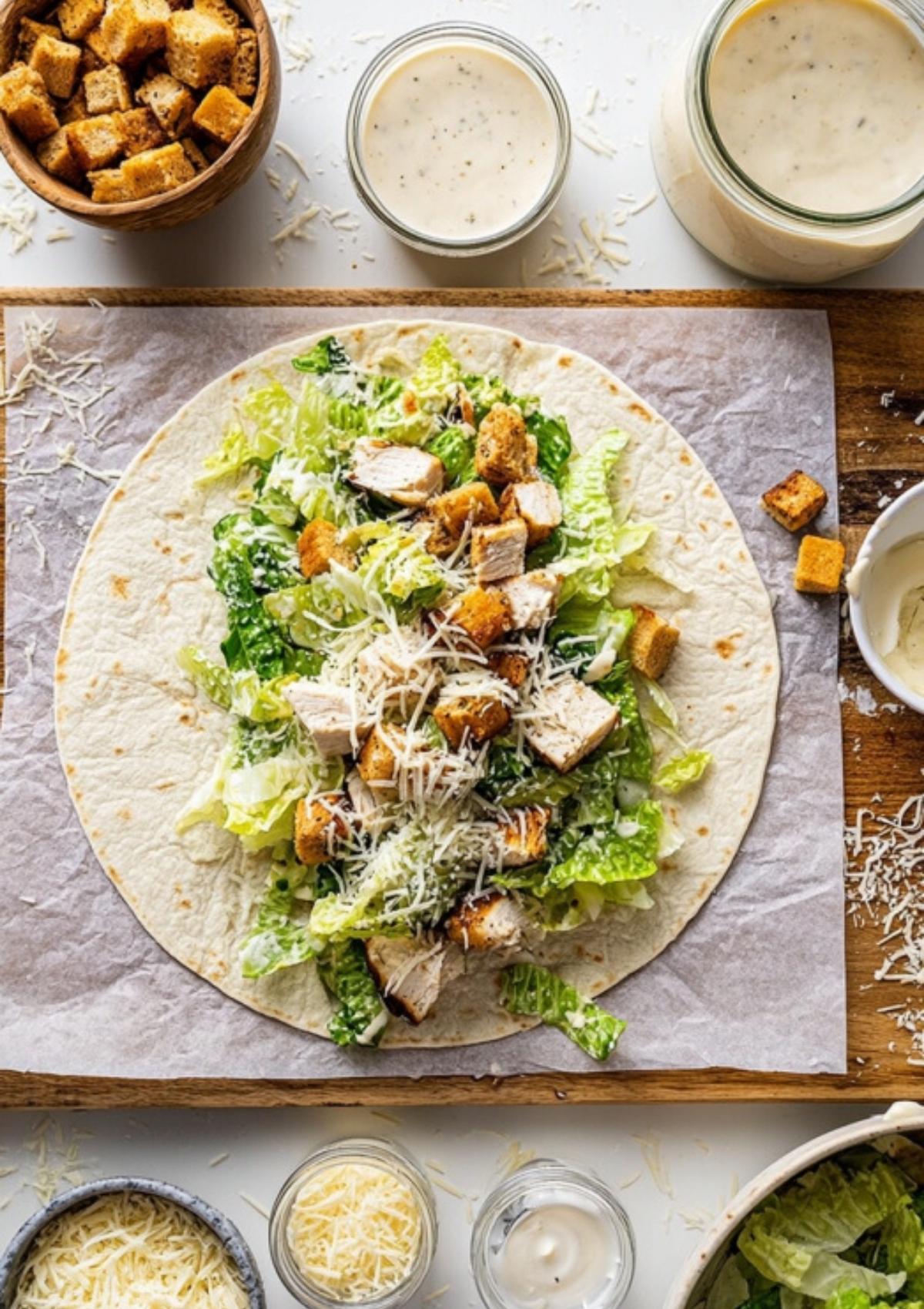 Open tortilla topped with lettuce, chicken, croutons, and Parmesan ready to be wrapped into a chicken Caesar wrap.
