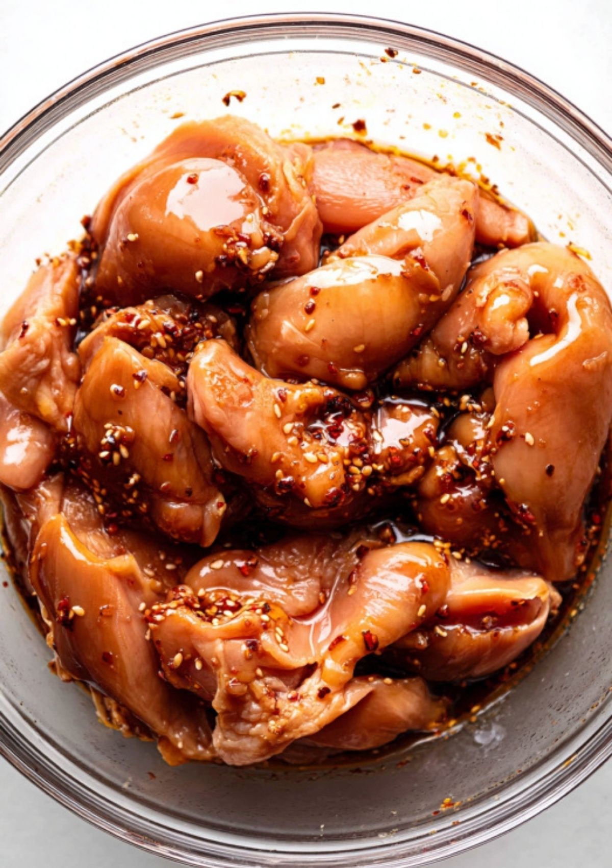 Raw chicken pieces coated and marinating in homemade teriyaki sauce with sesame seeds in a glass bowl.