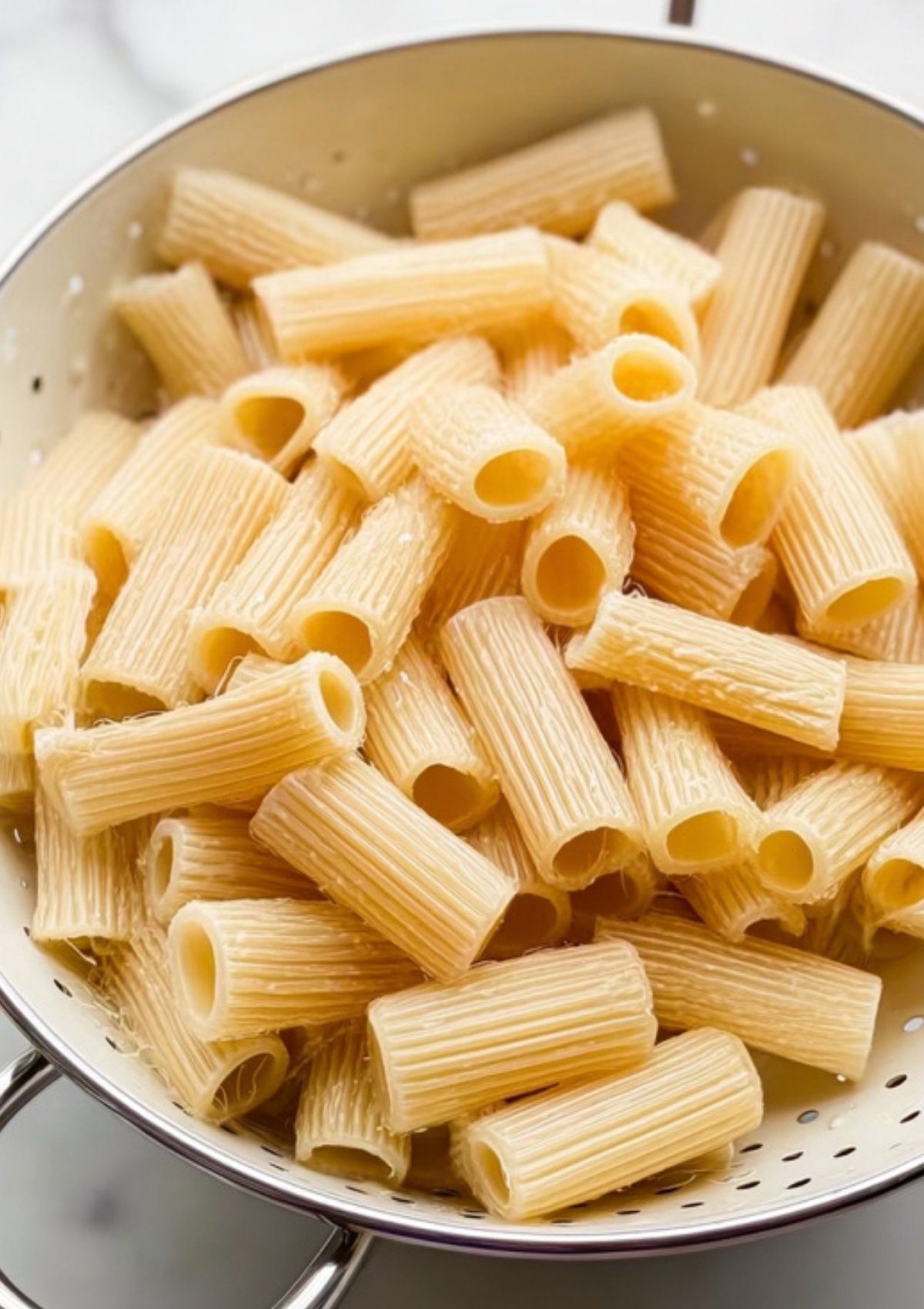 Colander filled with cooked rigatoni pasta, ready to be added to the creamy spinach and artichoke sauce.