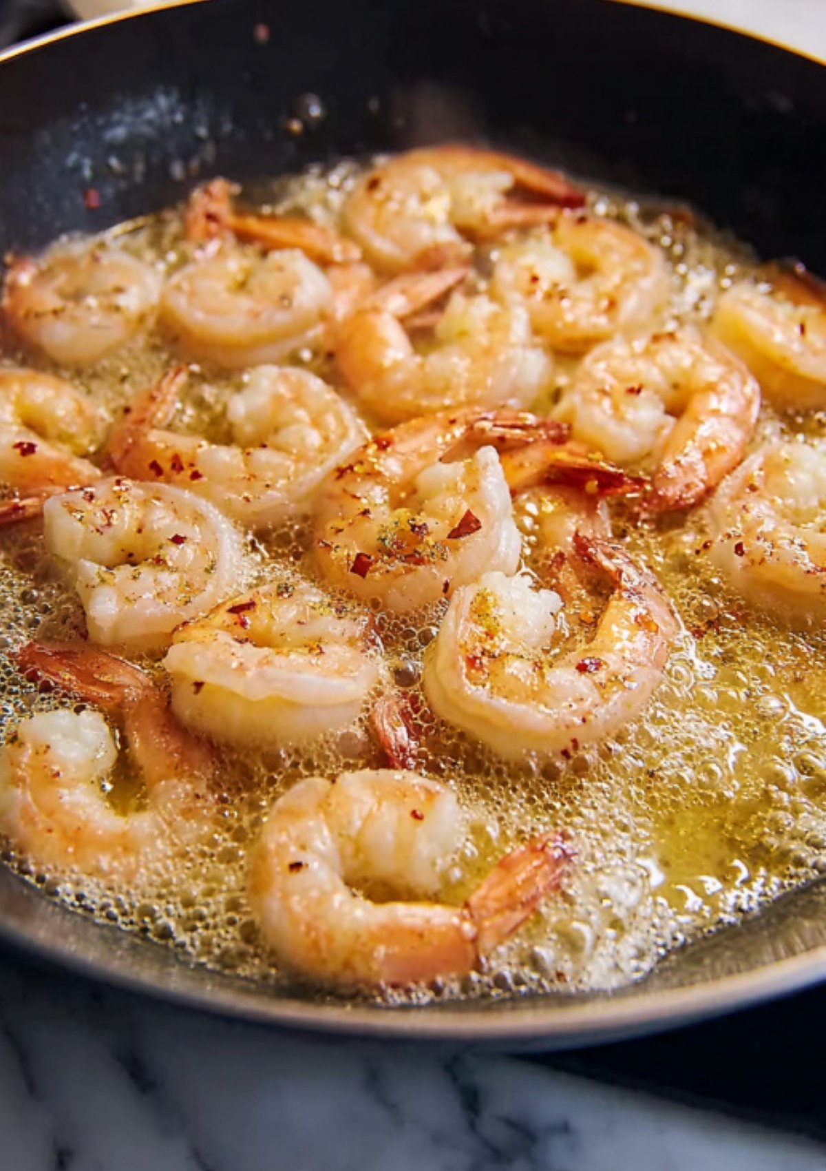 Close-up of shrimp bubbling in garlic butter sauce with red pepper flakes, showing how fast and flavorful homemade shrimp scampi can be.