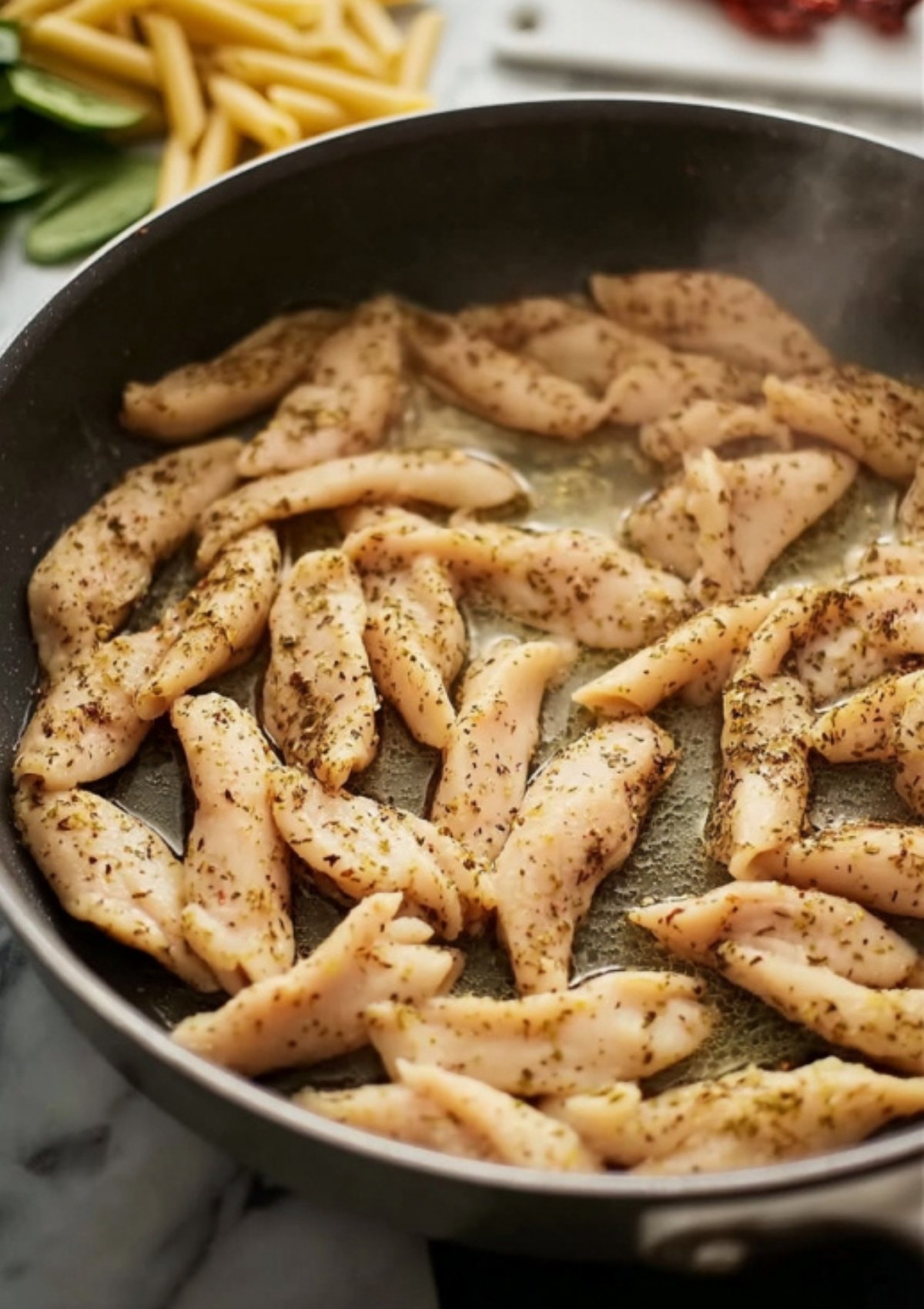 Chicken cooking in a skillet with melted butter, garlic, and herbs to start the creamy pasta sauce.