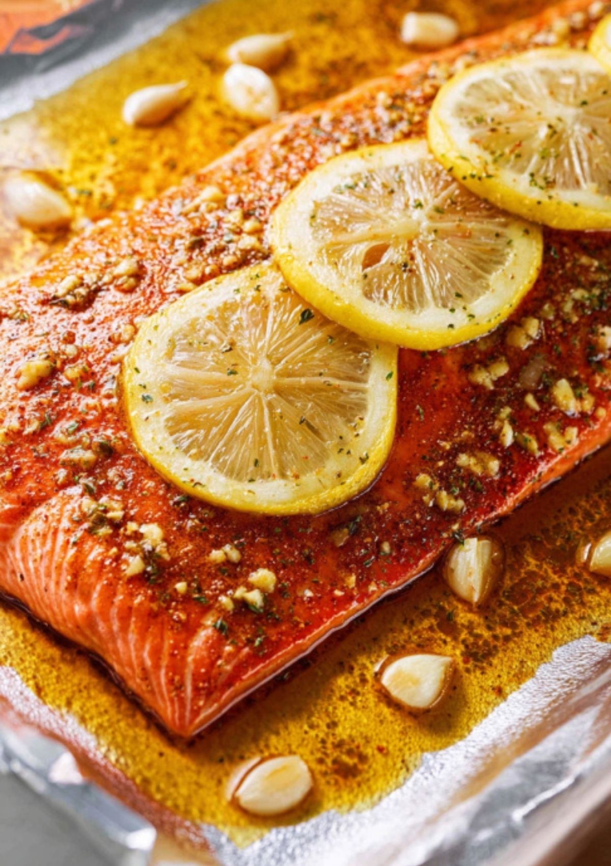 Foil-wrapped salmon packet placed on a baking tray, ready for the oven for easy one-pan cooking.