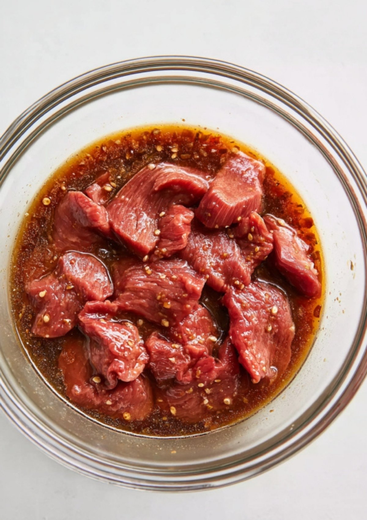 Thinly sliced beef soaking in soy and garlic marinade with sesame seeds in a glass bowl.