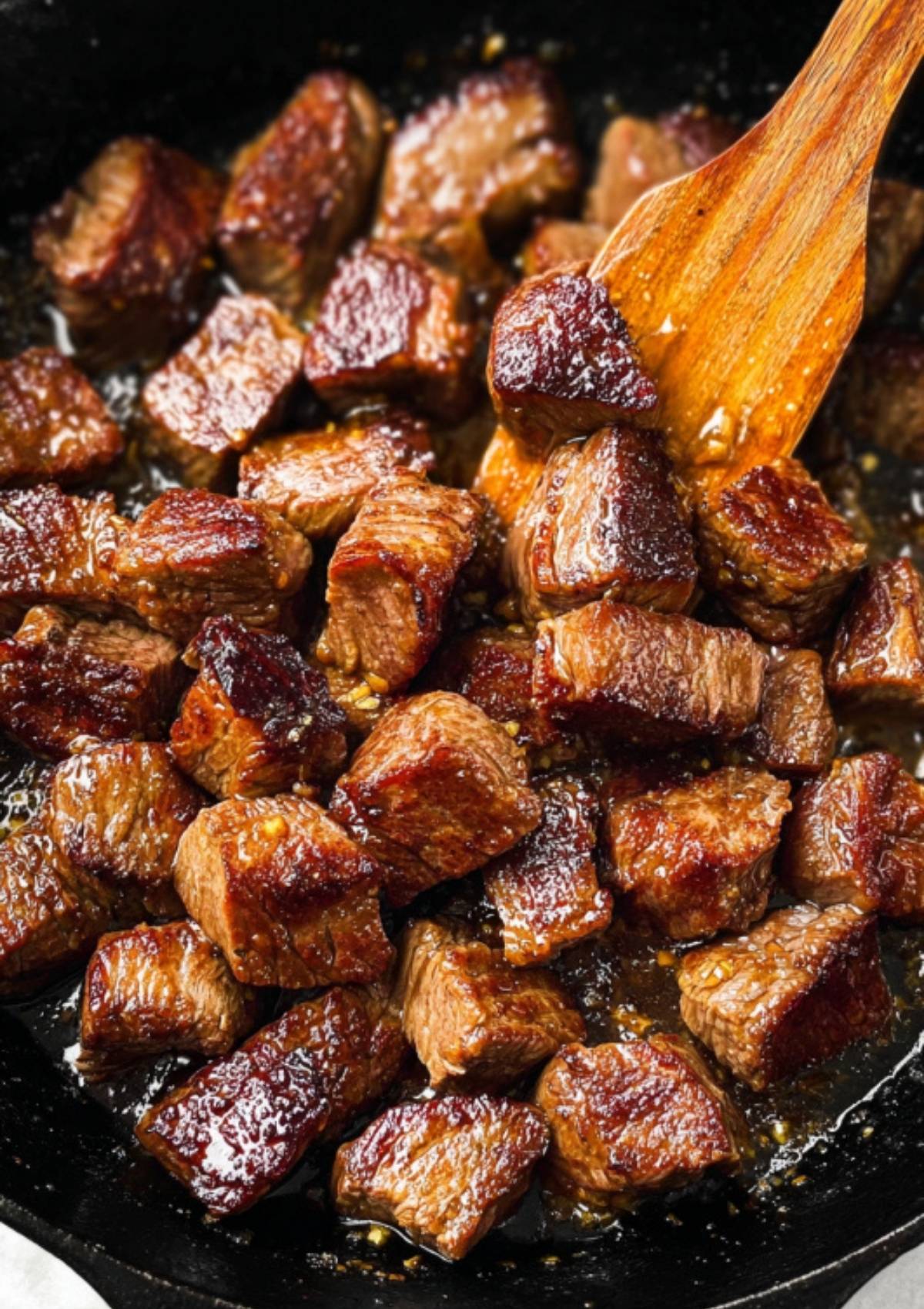 Juicy seared steak bites being stirred in garlic butter sauce with a wooden spatula in a skillet.