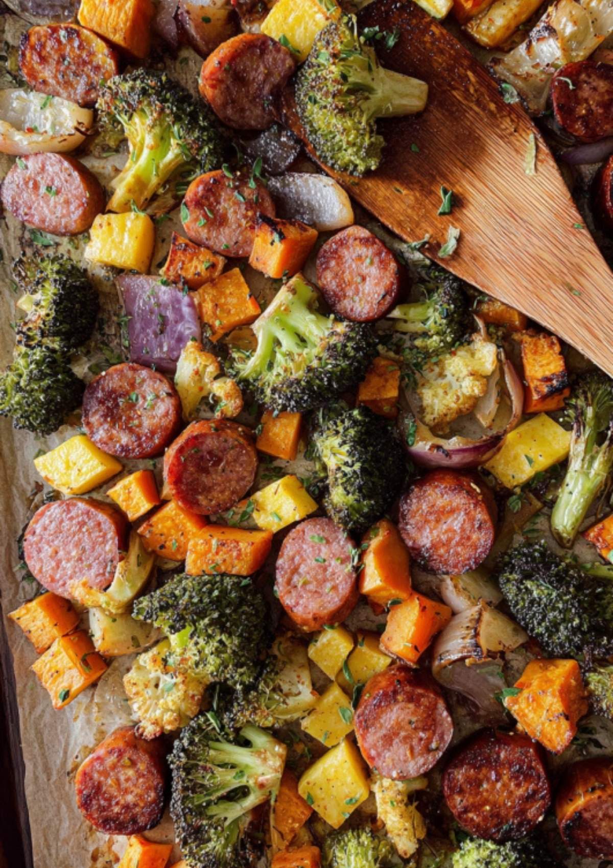Sausage and vegetables roasting on a sheet pan with golden edges and bubbling cheese.