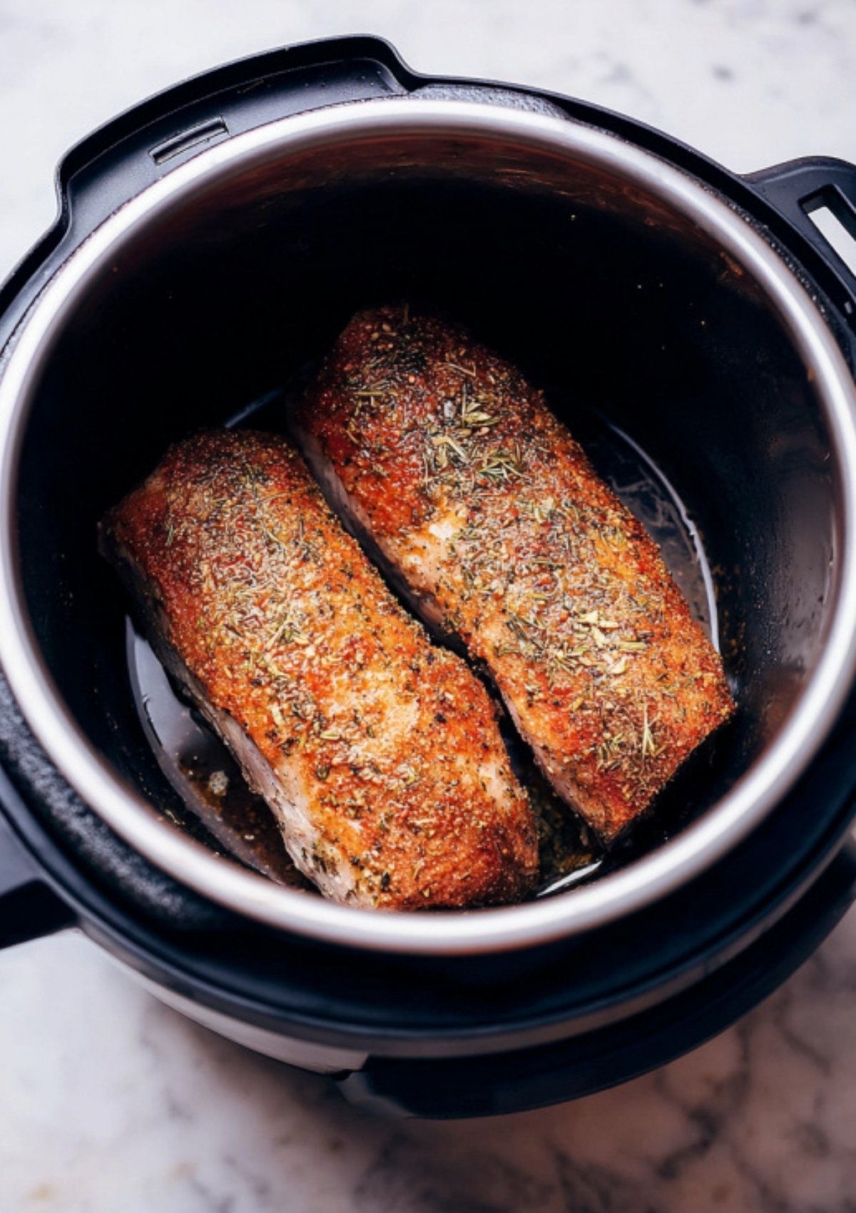 Pork tenderloin simmering in the Instant Pot with broth, maple syrup, and Dijon mustard to create a savory sauce.