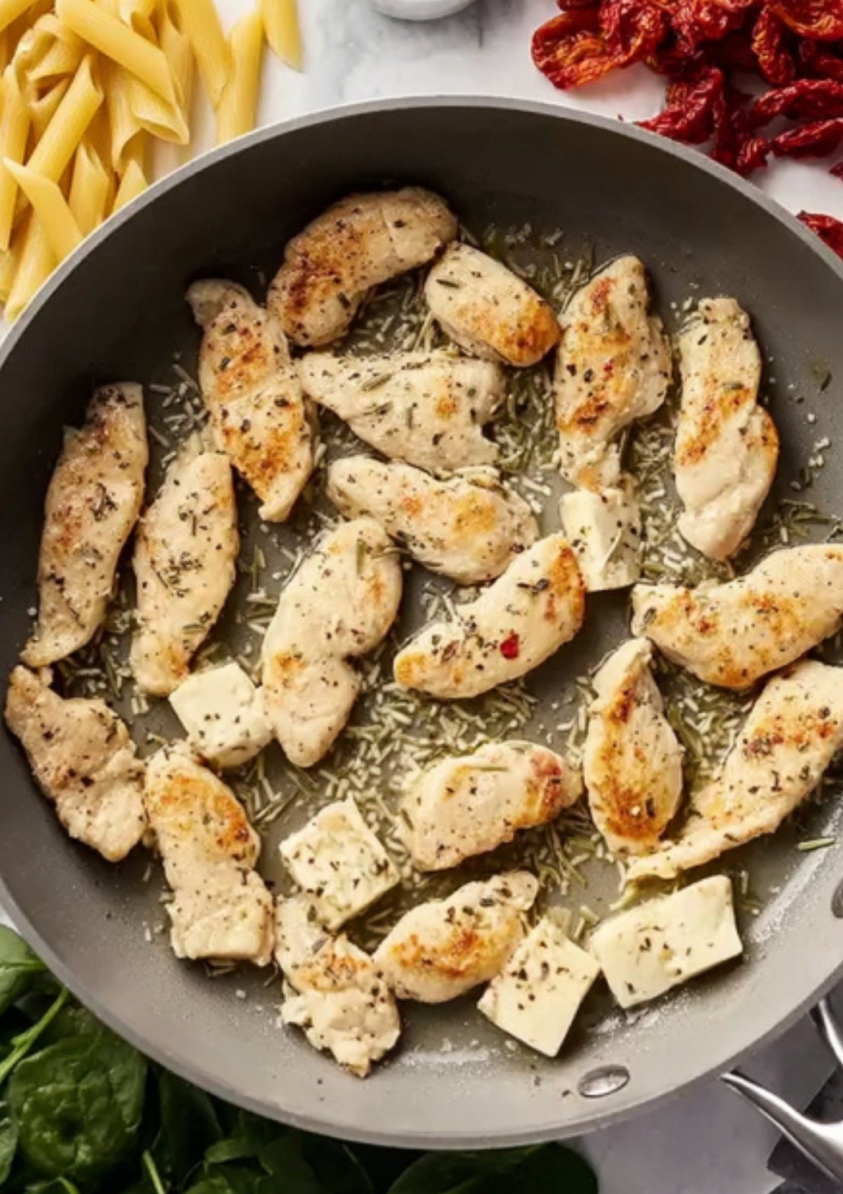 Chicken and sun-dried tomatoes cooking together in a skillet for creamy Tuscan chicken pasta.