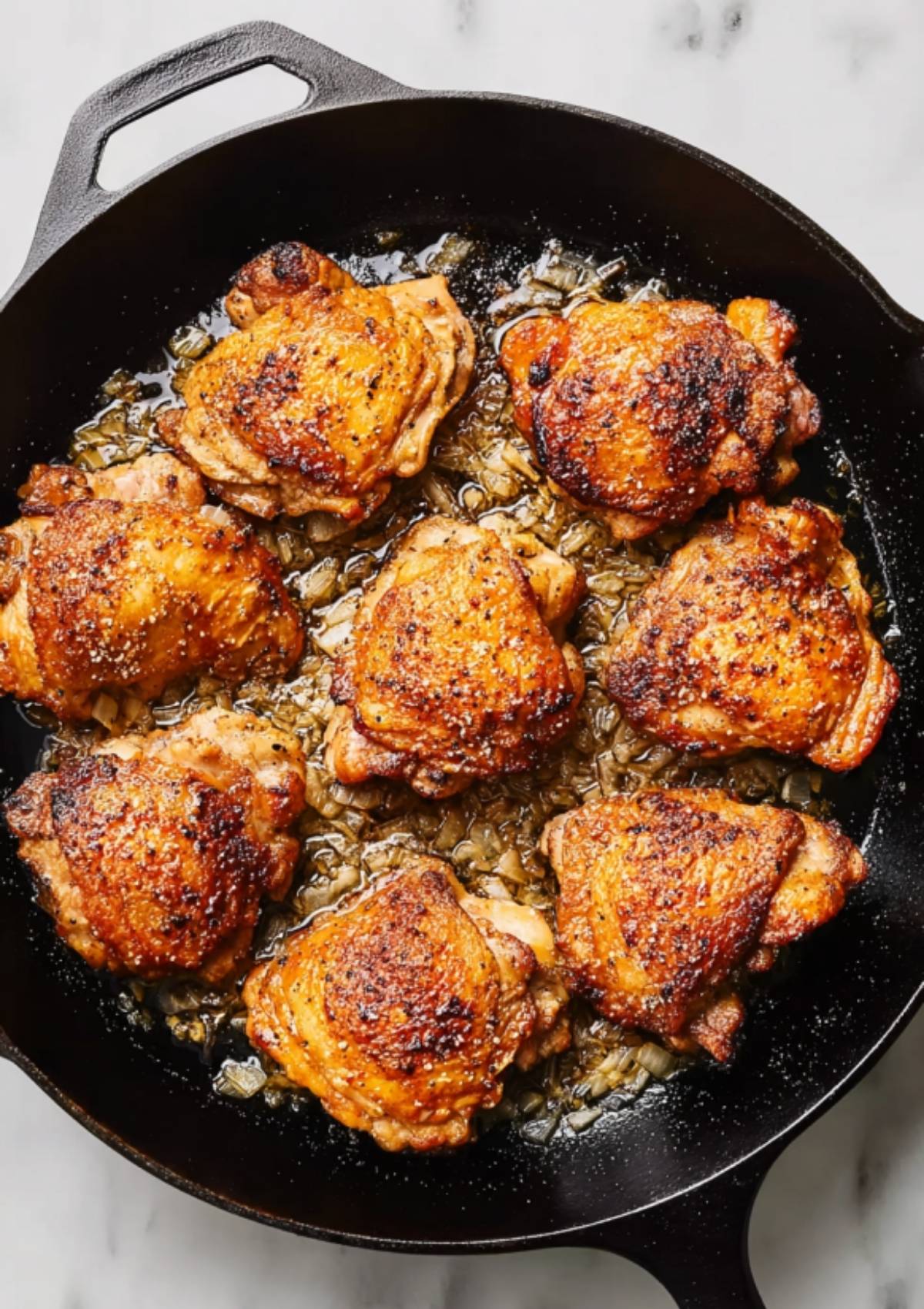 Closeup of chicken thighs in a cast iron pan, covered in bubbling honey garlic sauce.