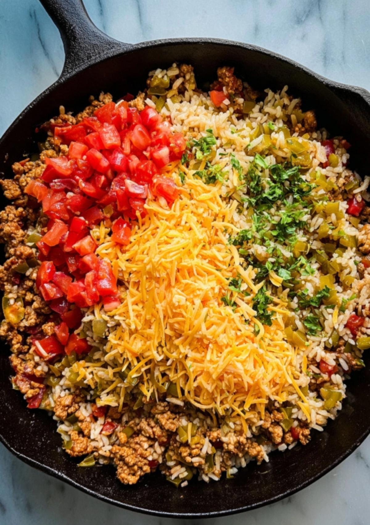 Cast-iron skillet filled with cooked rice, shredded cheese, diced tomatoes, and turkey mixture before melting the cheese.